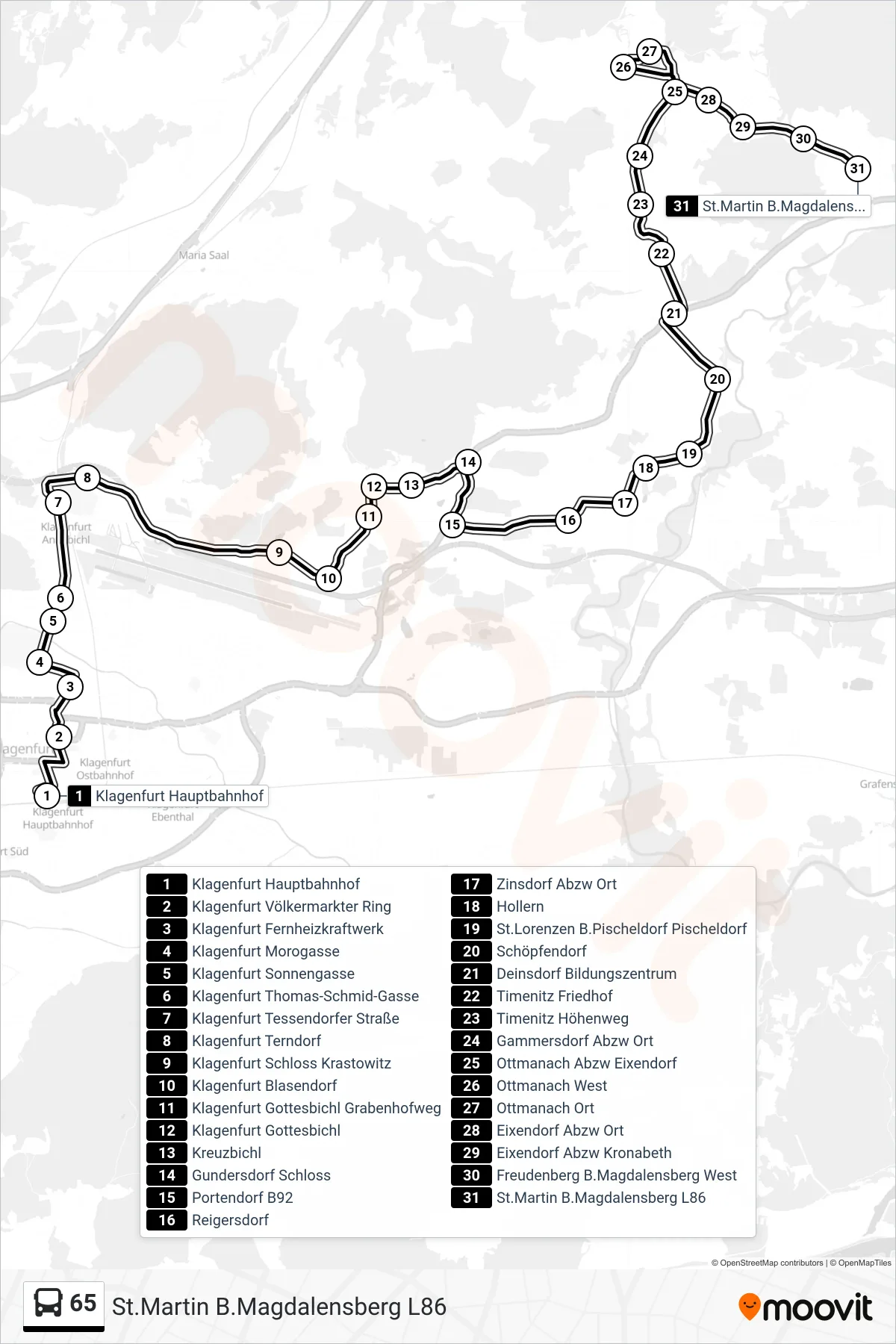 Linie 65 (Tram) Richtung St.Martin B.Magdalensberg L86: Route und Haltestellen auf der Karte