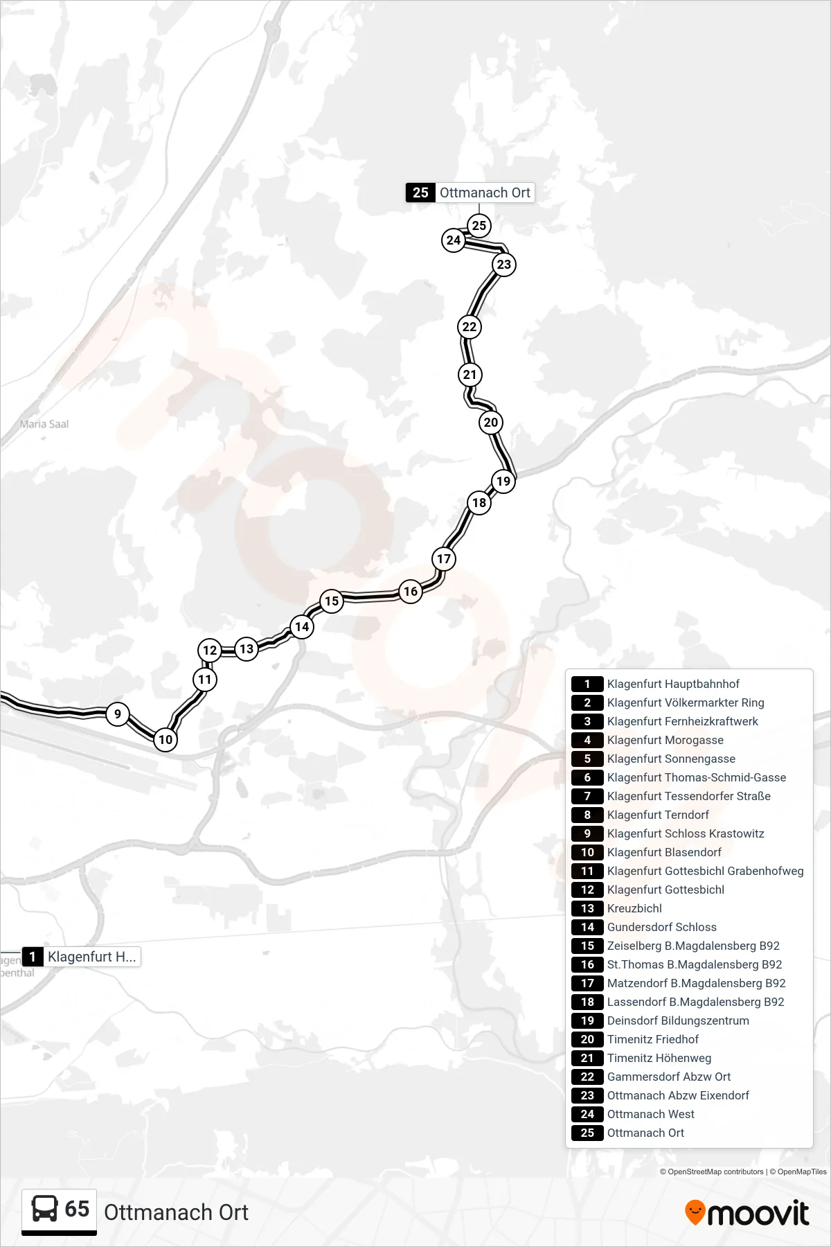 Linie 65 (Tram) Richtung Ottmanach Ort: Route und Haltestellen auf der Karte