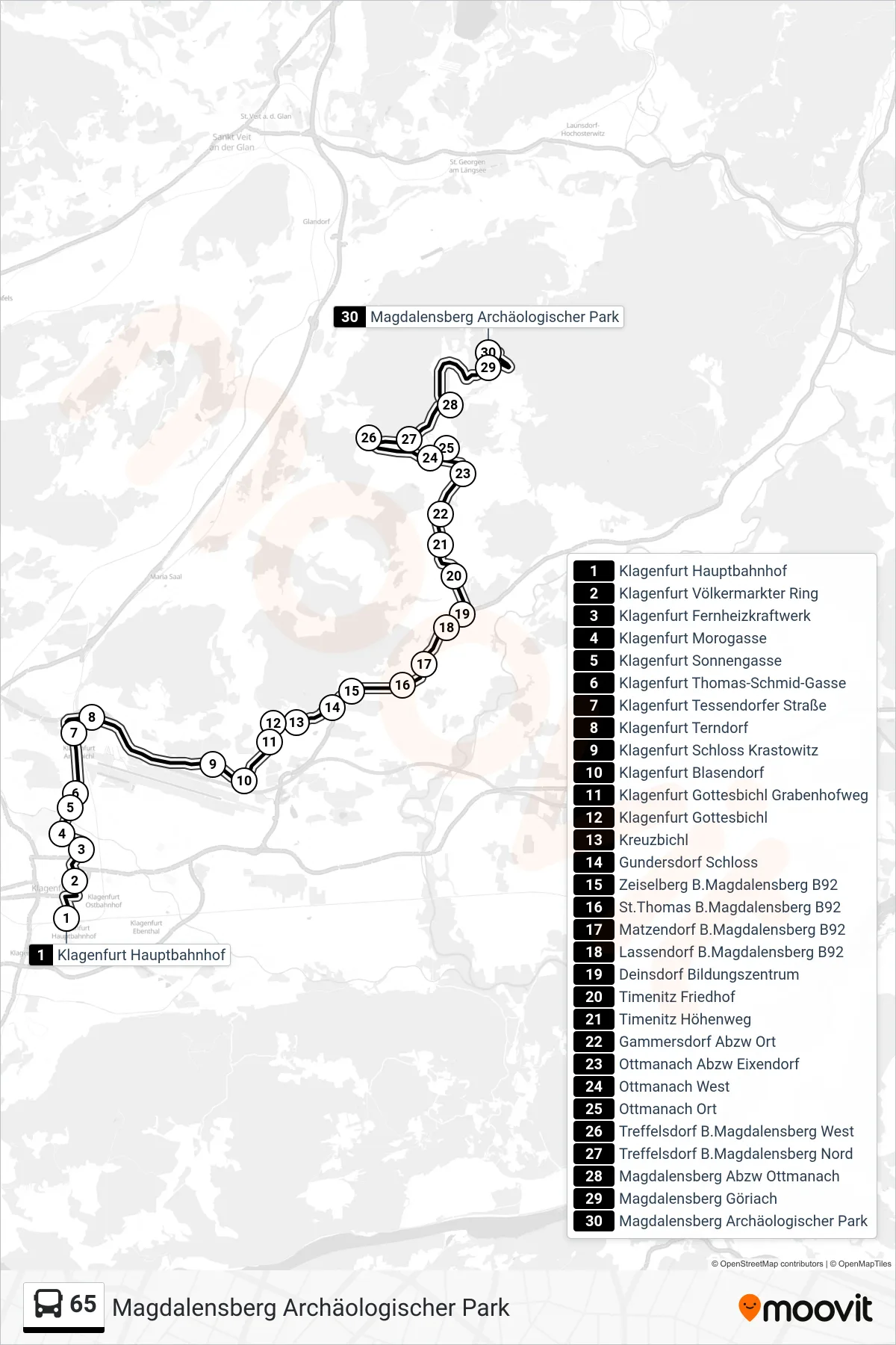 65 tram Line (Magdalensberg Archäologischer Park) route and stops on a map
