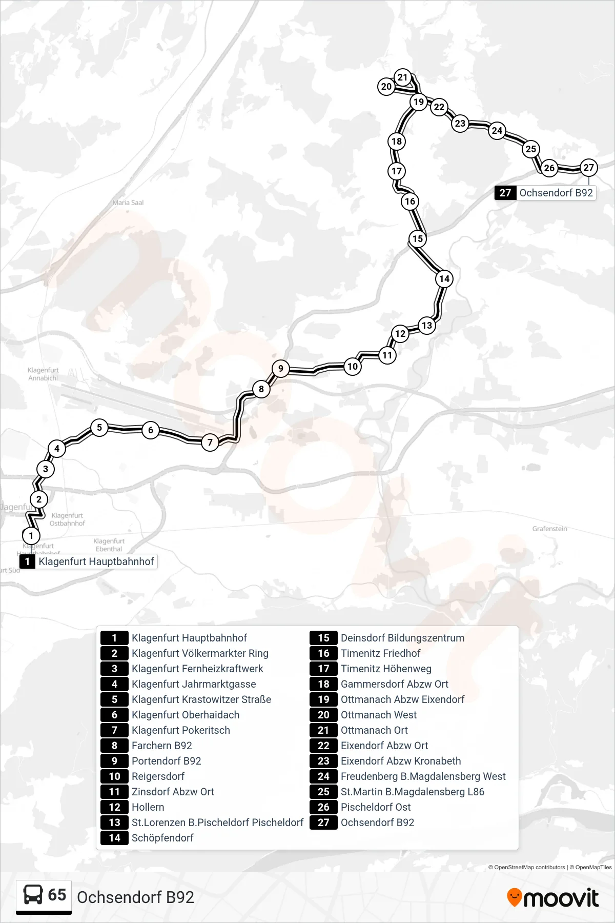 Linie 65 (Tram) Richtung Ochsendorf B92: Route und Haltestellen auf der Karte