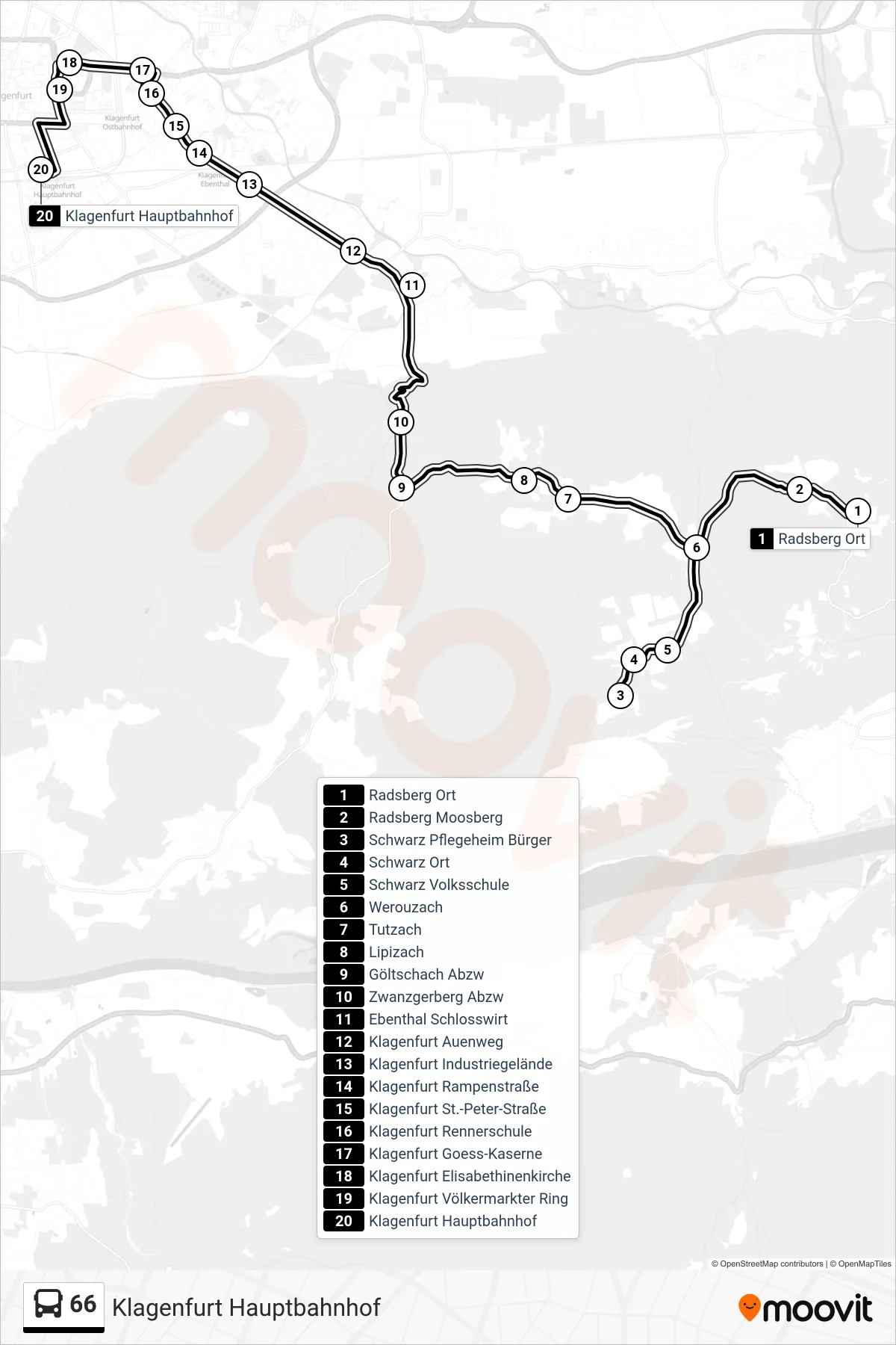 66 tram Line (Klagenfurt Hauptbahnhof) route and stops on a map
