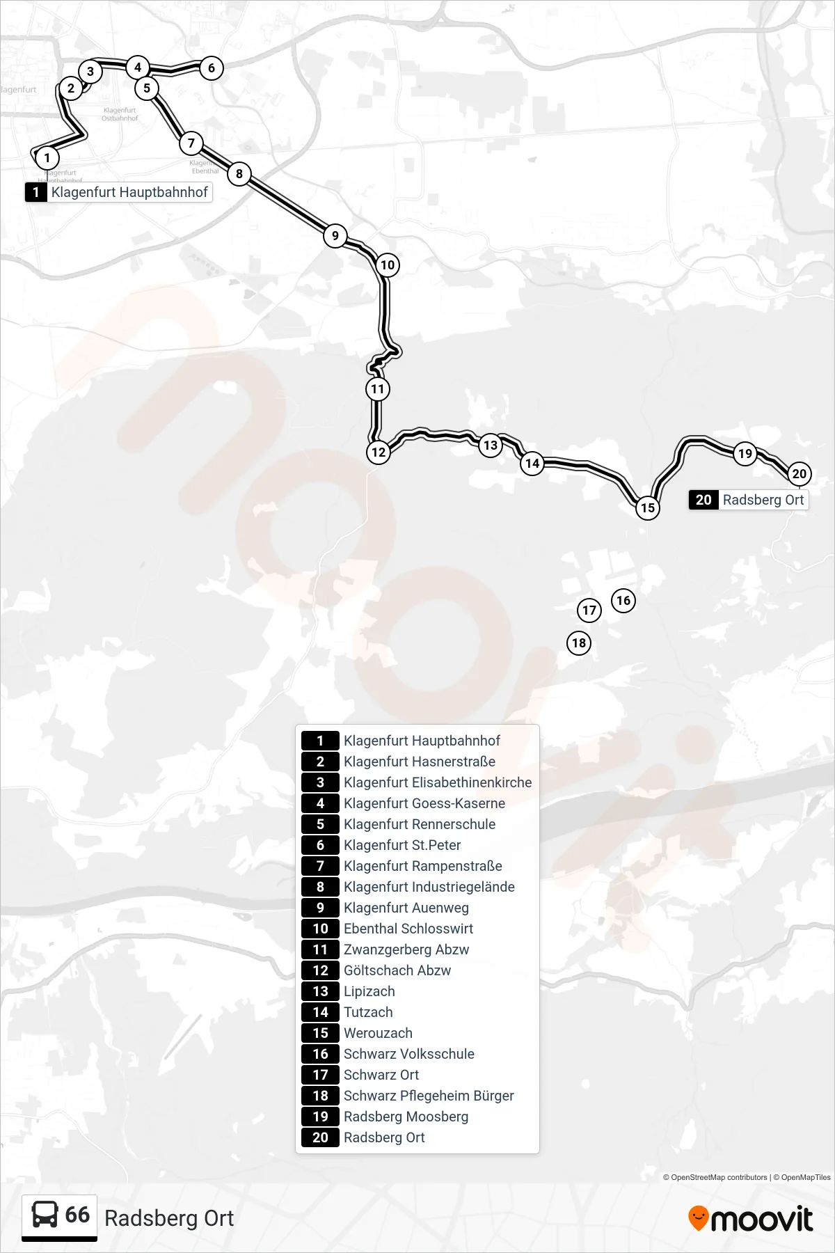 66 tram Line (Radsberg Ort) route and stops on a map