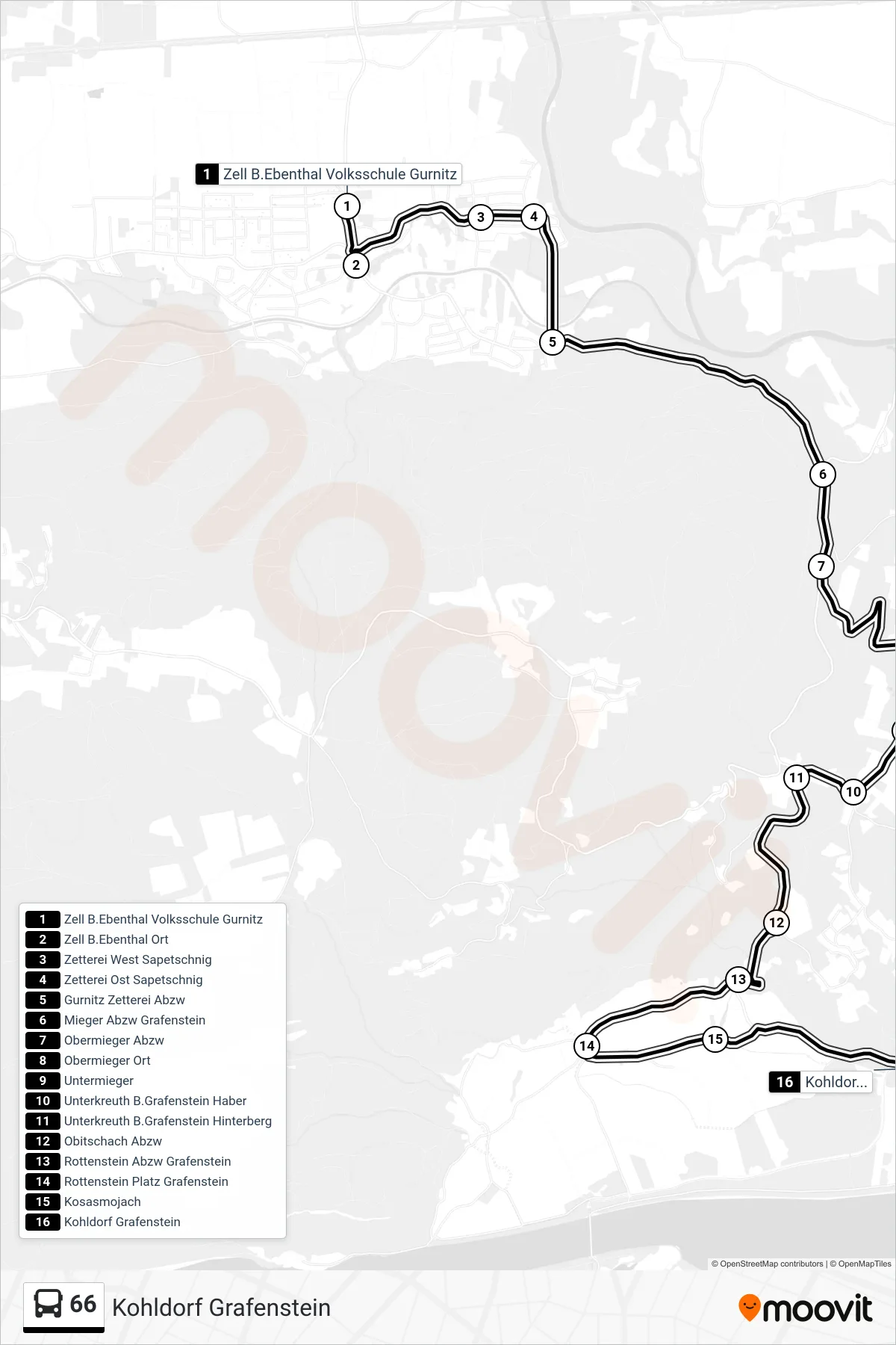 66 tram Line (Kohldorf Grafenstein) route and stops on a map