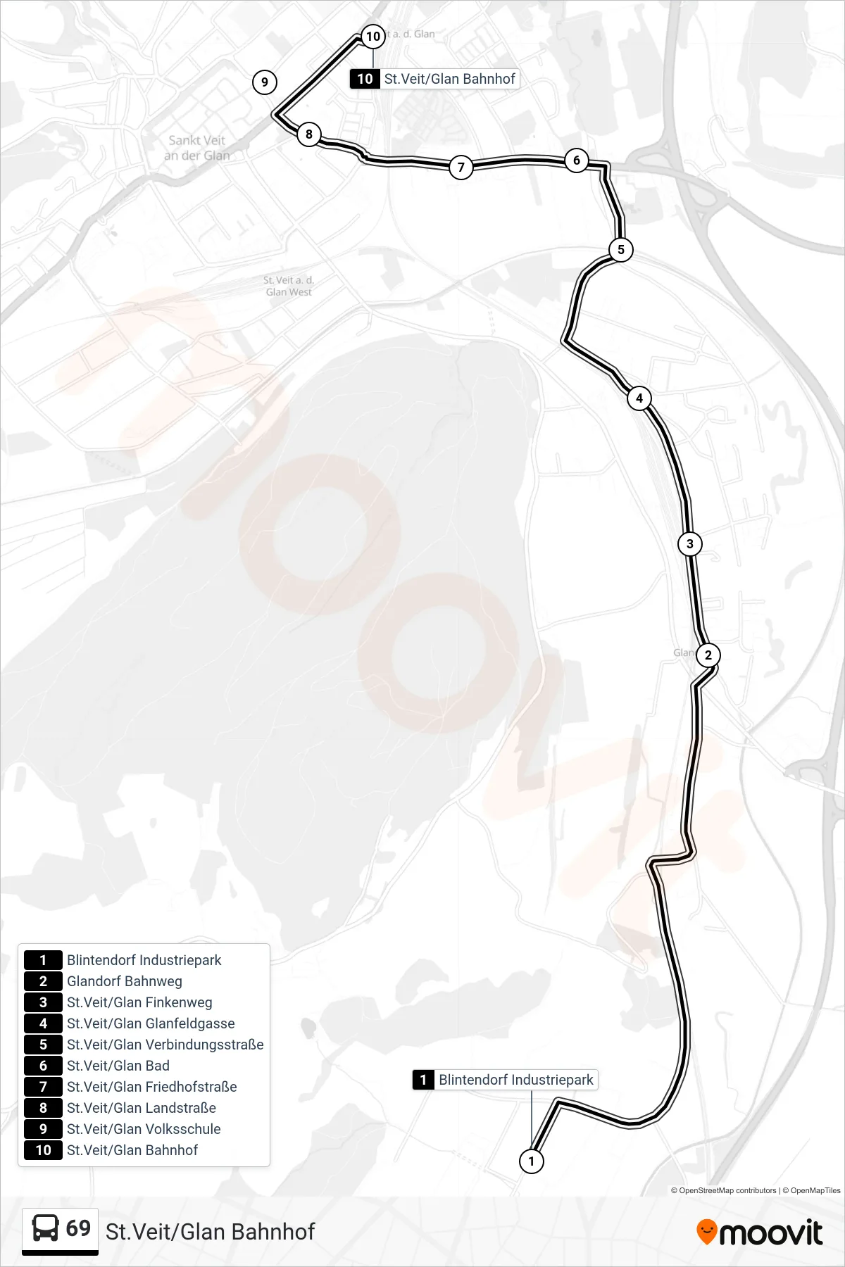 Linie 69 (Tram) Richtung St.Veit/Glan Bahnhof: Route und Haltestellen auf der Karte