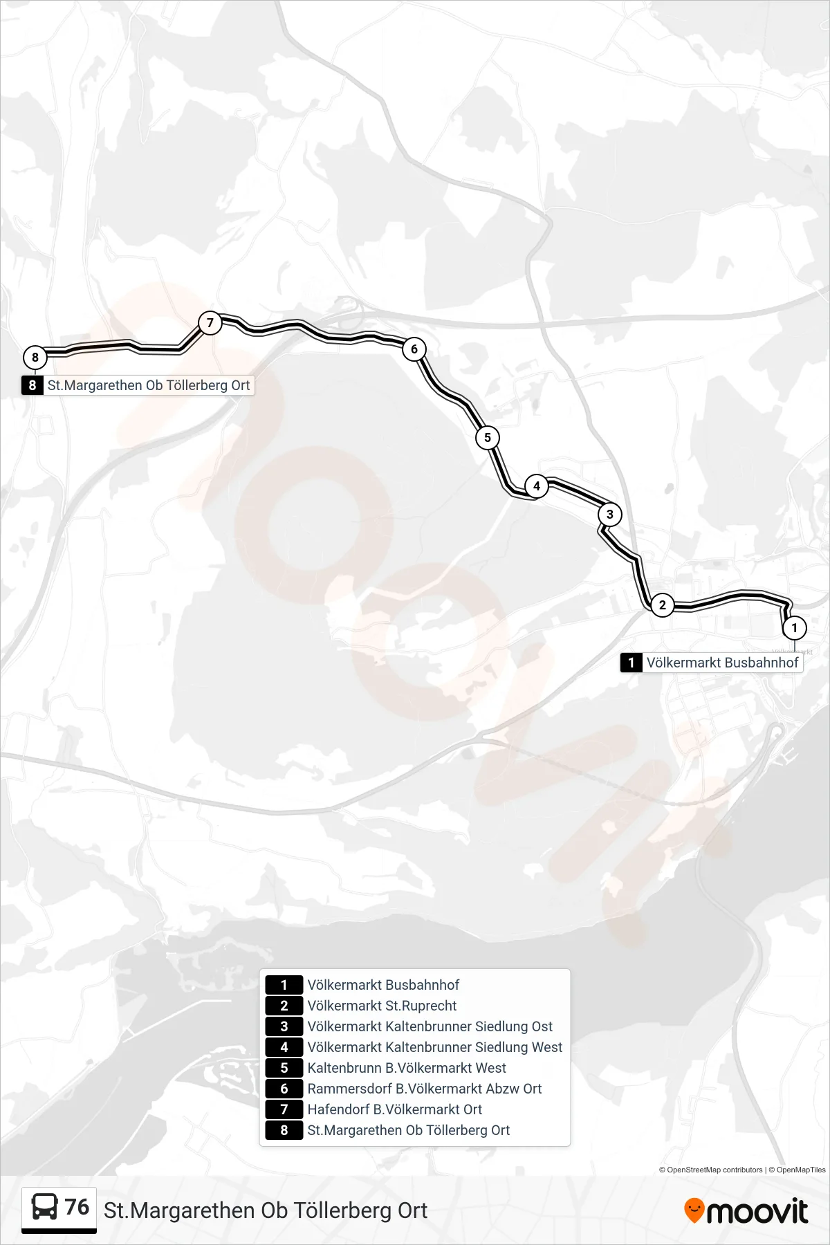 76 tram Line (St.Margarethen Ob Töllerberg Ort) route and stops on a map
