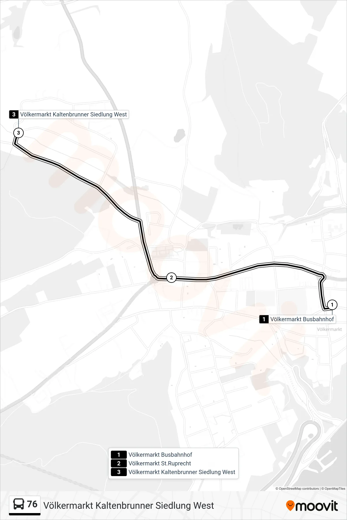 76 tram Line (Völkermarkt Kaltenbrunner Siedlung West) route and stops on a map
