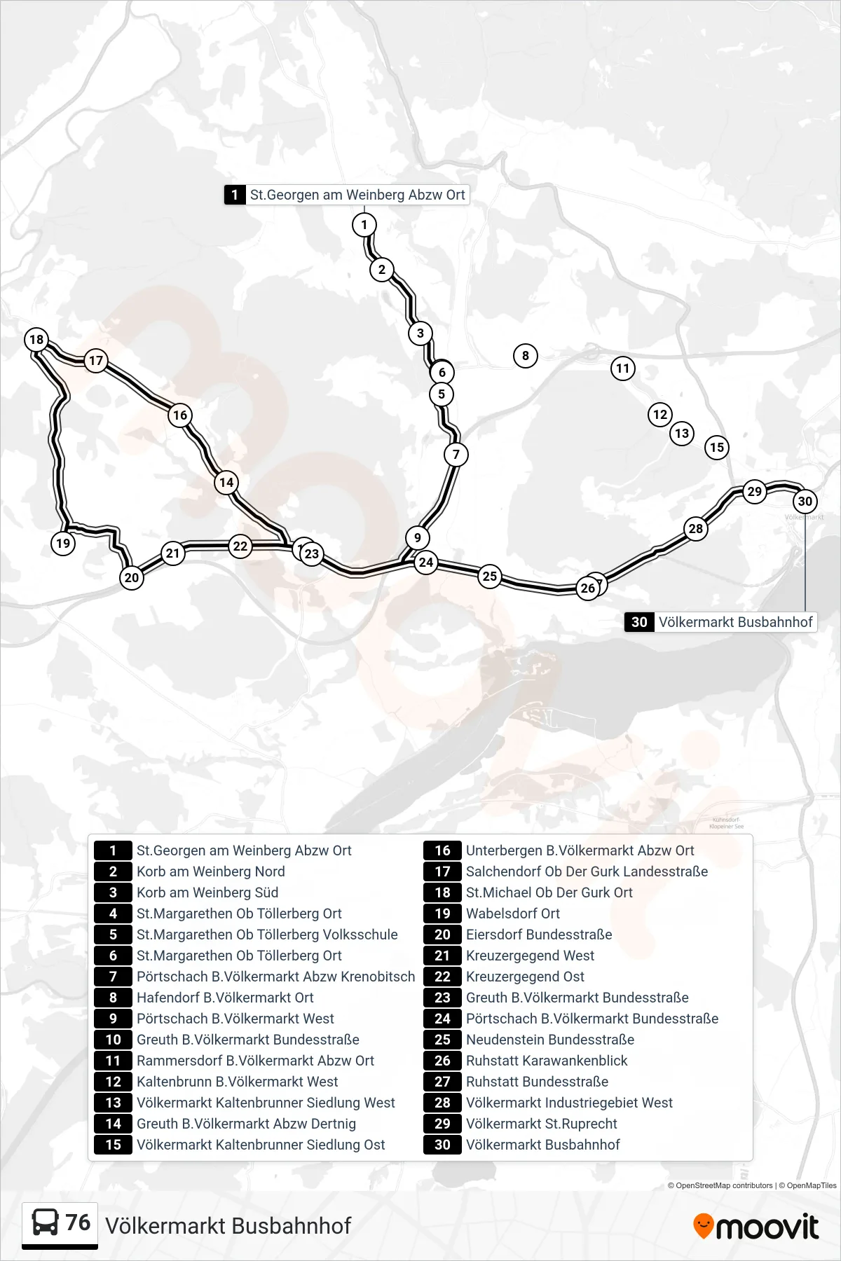 Linie 76 (Tram) Richtung Völkermarkt Busbahnhof: Route und Haltestellen auf der Karte
