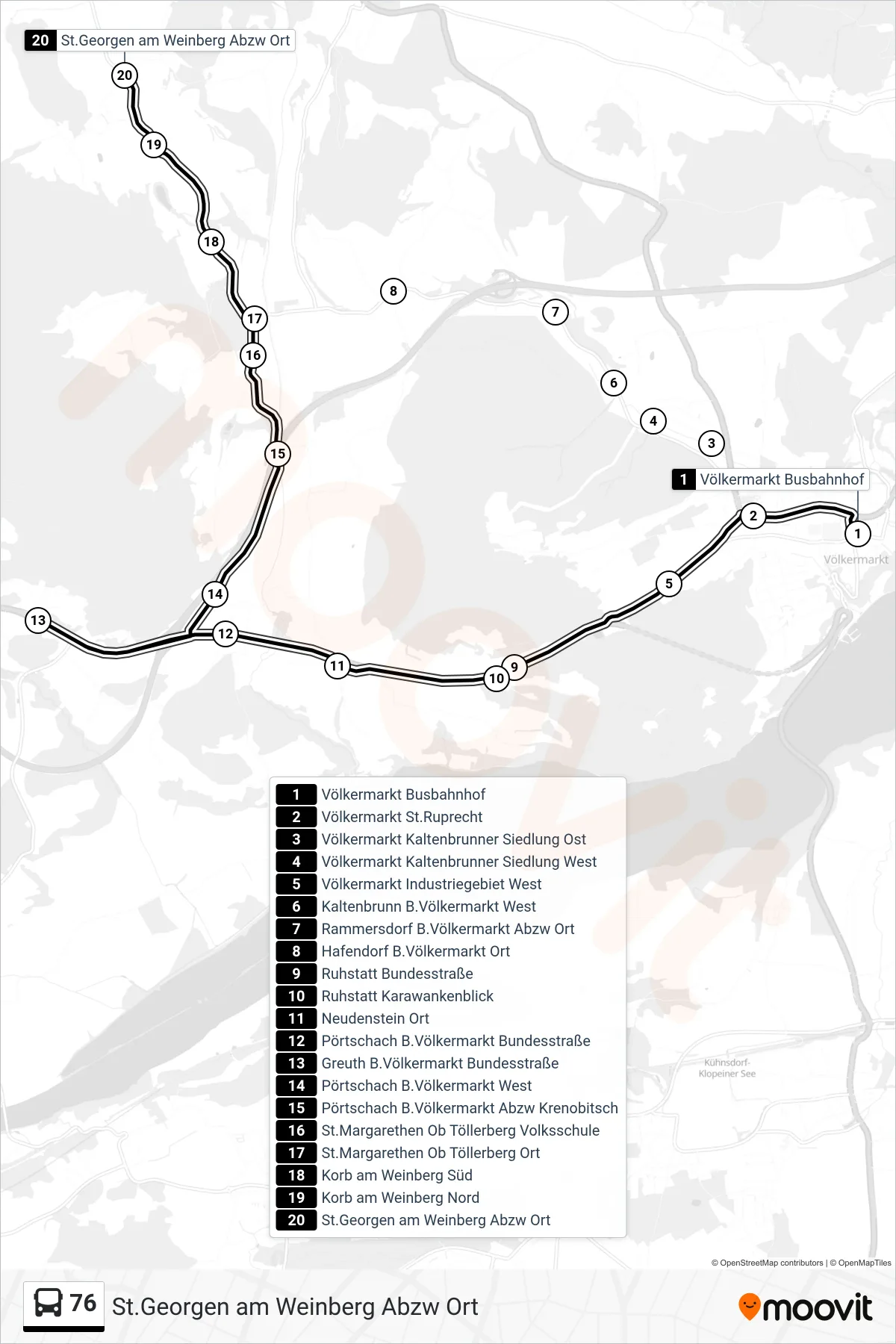 Linie 76 (Tram) Richtung St.Georgen am Weinberg Abzw Ort: Route und Haltestellen auf der Karte