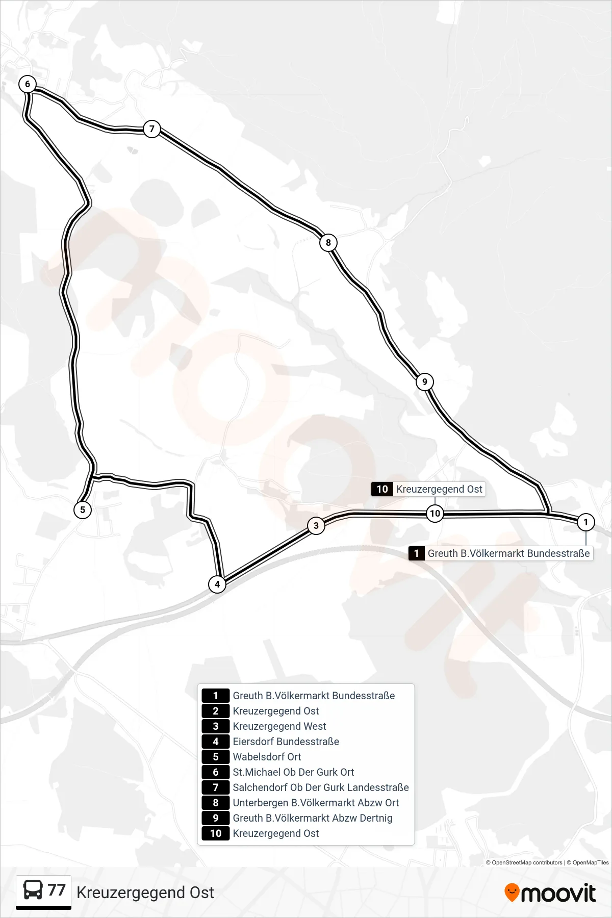 77 tram Line (Kreuzergegend Ost) route and stops on a map