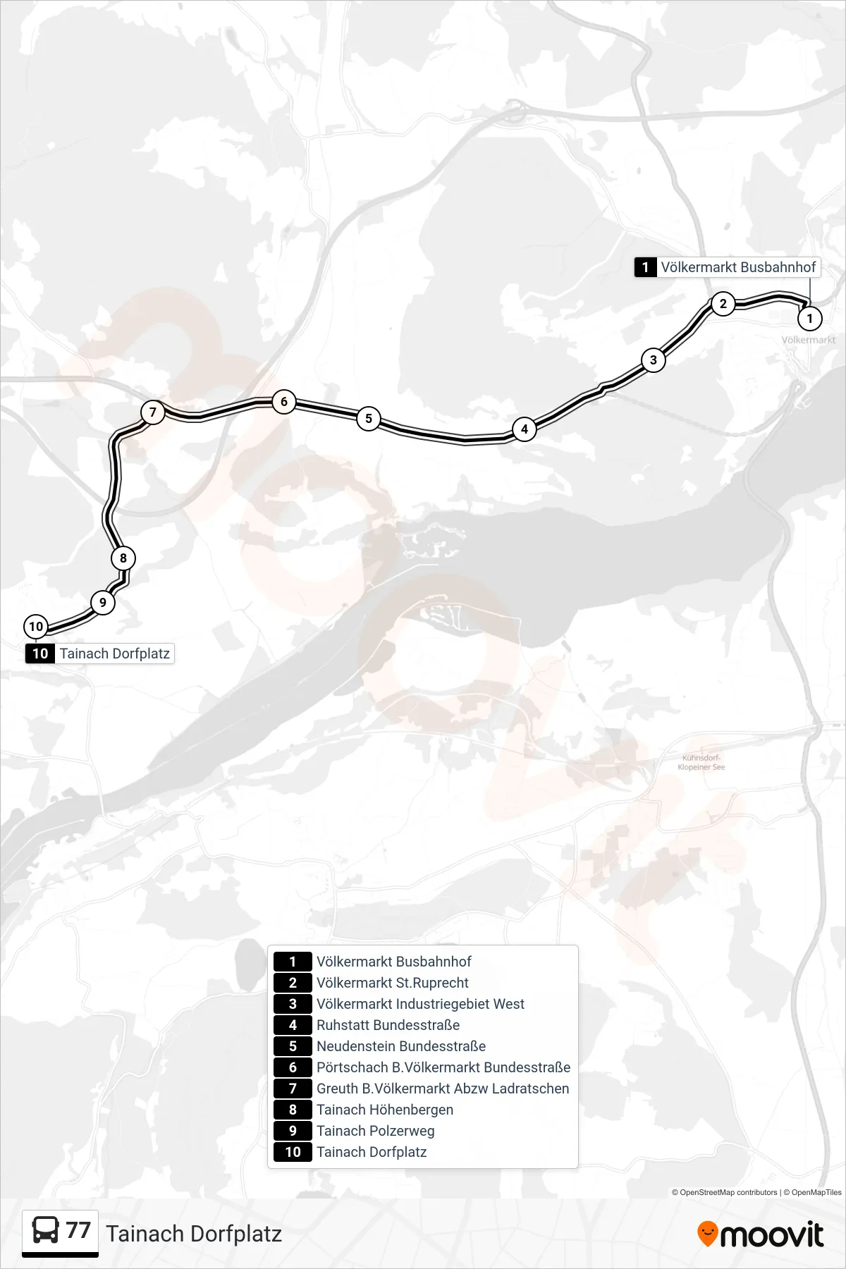 Linie 77 (Tram) Richtung Tainach Dorfplatz: Route und Haltestellen auf der Karte