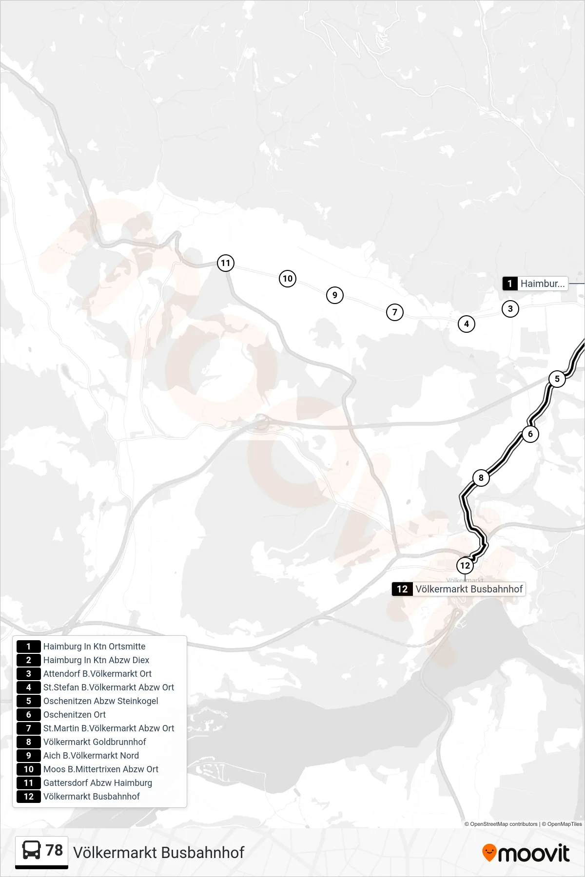 Linie 78 (Tram) Richtung Völkermarkt Busbahnhof: Route und Haltestellen auf der Karte