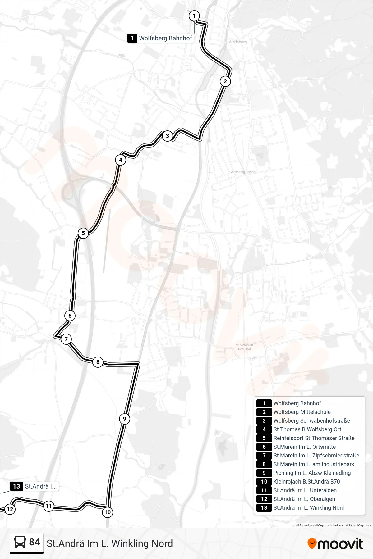 84 tram Line (St.Andrä Im L. Winkling Nord) route and stops on a map