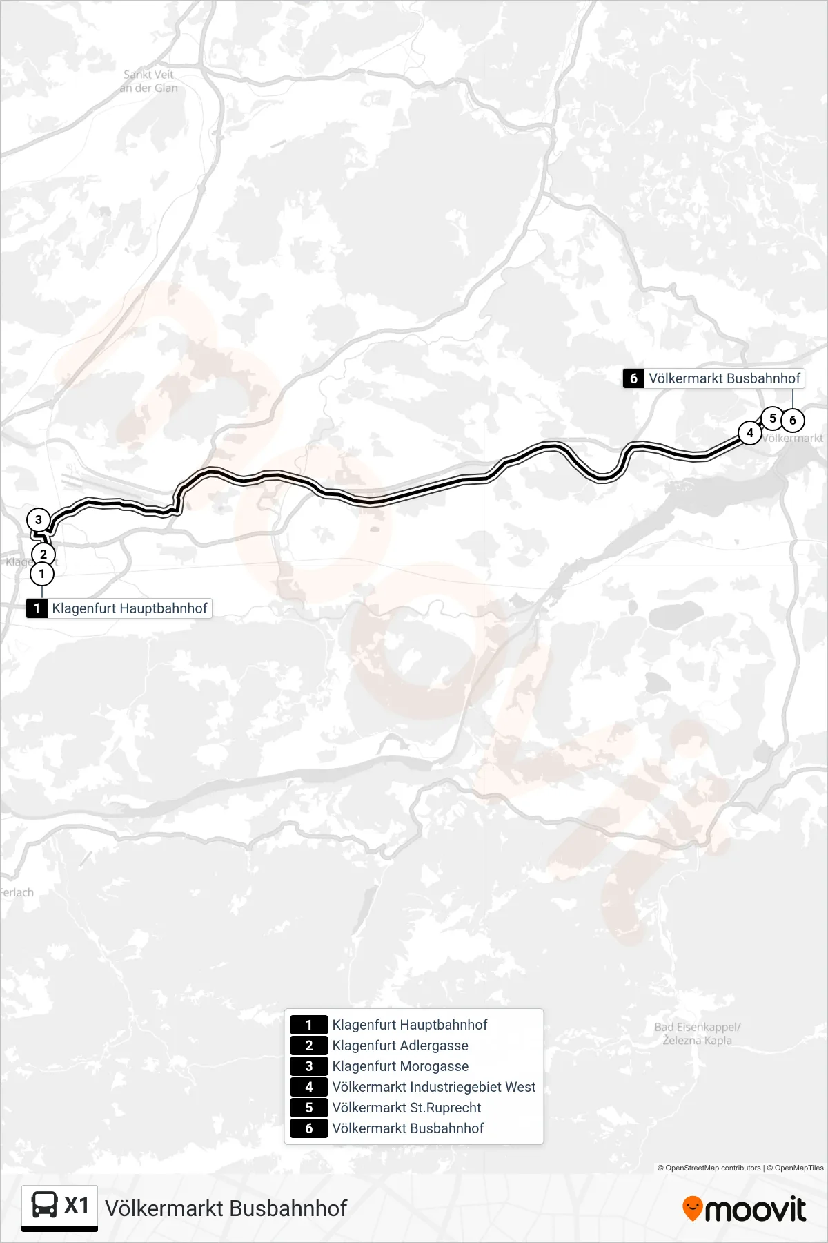 Linie X1 (Tram) Richtung Völkermarkt Busbahnhof: Route und Haltestellen auf der Karte
