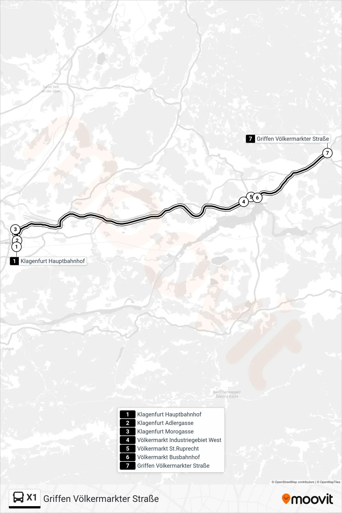 X1 tram Line (Griffen Völkermarkter Straße) route and stops on a map