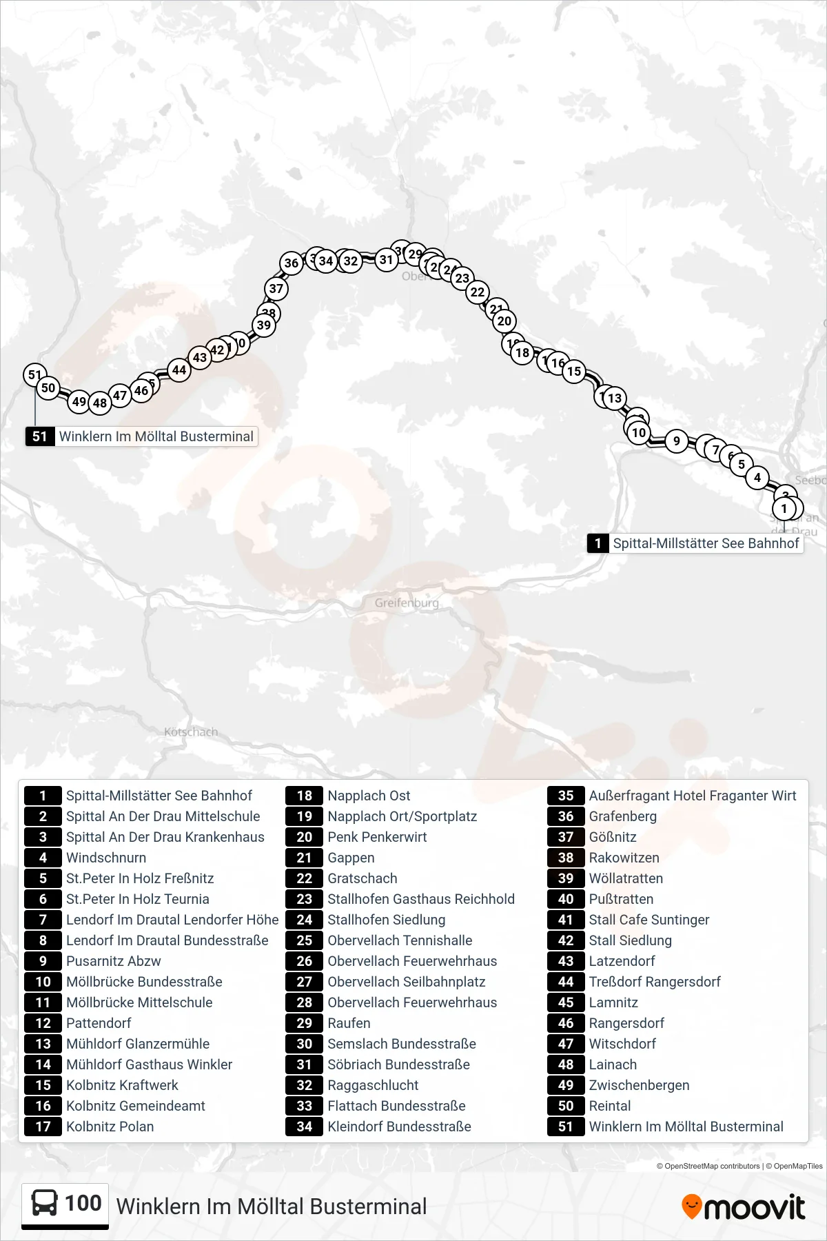 100 tram Line (Winklern Im Mölltal Busterminal) route and stops on a map