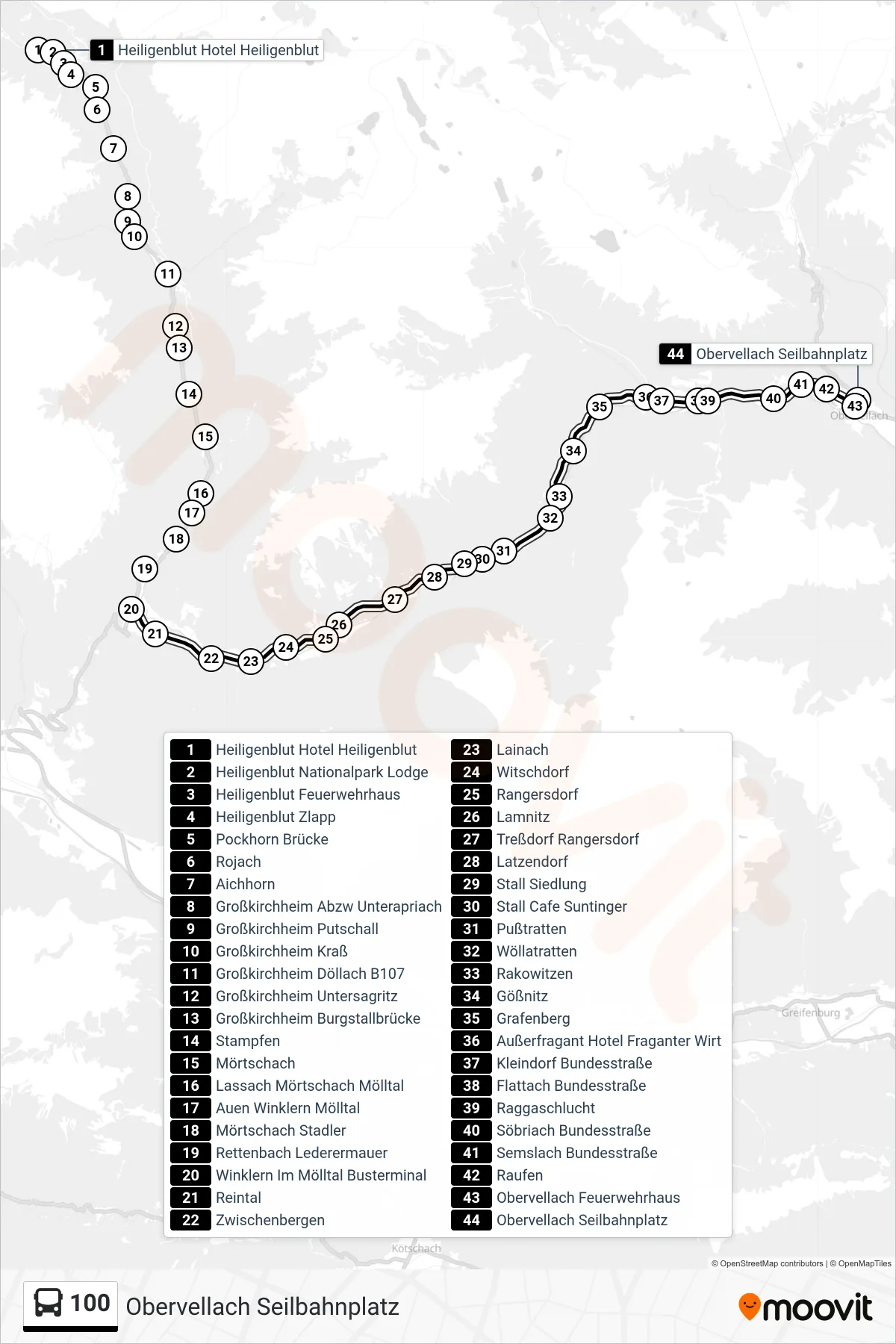 100 tram Line (Obervellach Seilbahnplatz) route and stops on a map