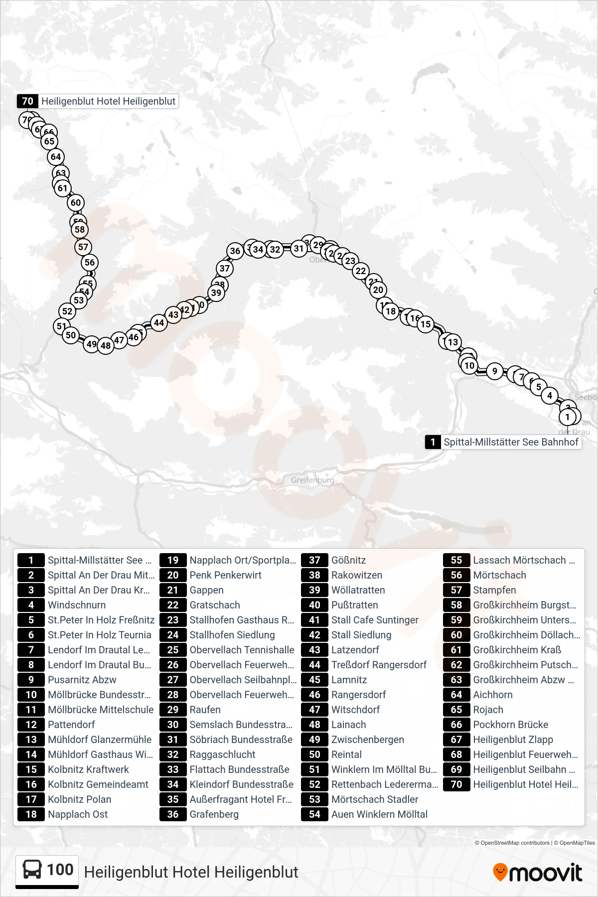 100 tram Line (Heiligenblut Hotel Heiligenblut) route and stops on a map