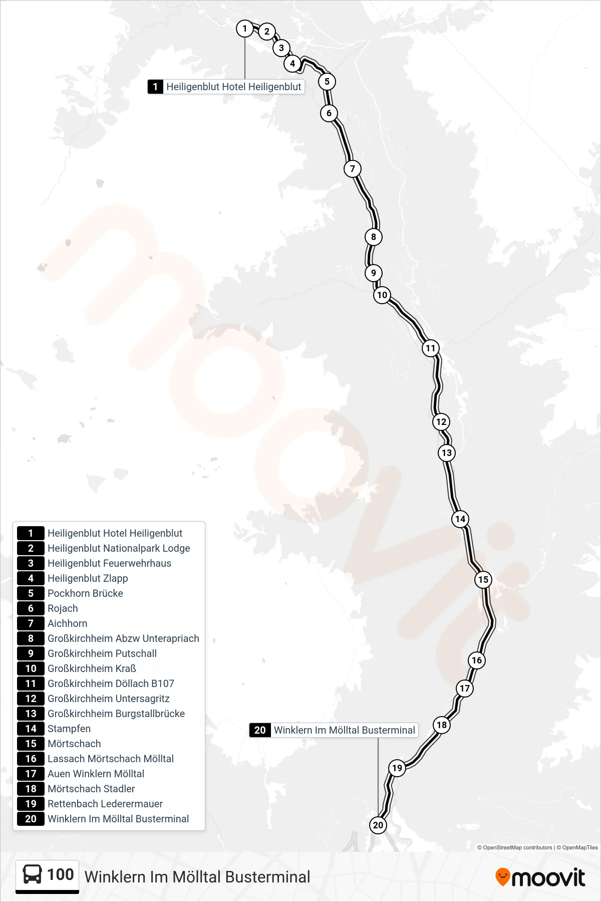 Linie 100 (Tram) Richtung Winklern Im Mölltal Busterminal: Route und Haltestellen auf der Karte