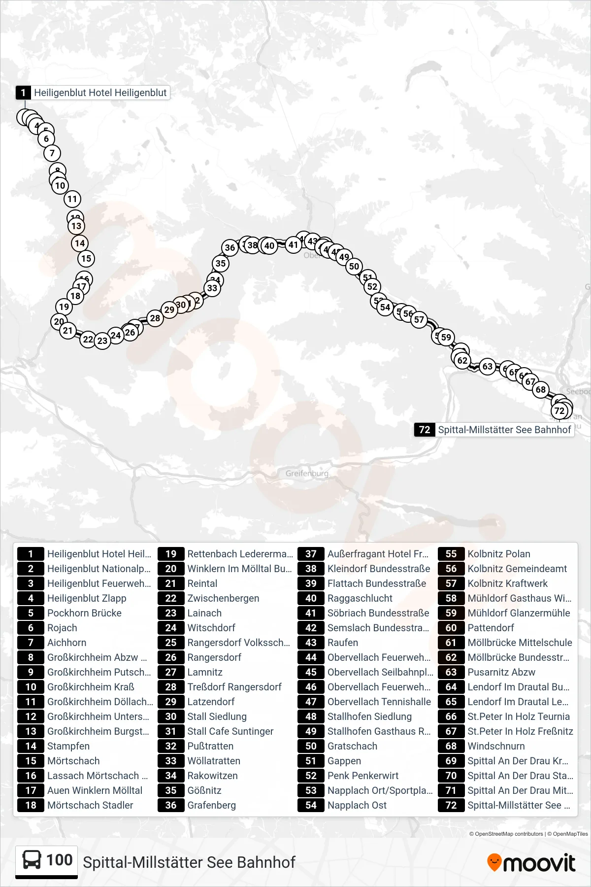 100 tram Line (Spittal-Millstätter See Bahnhof) route and stops on a map
