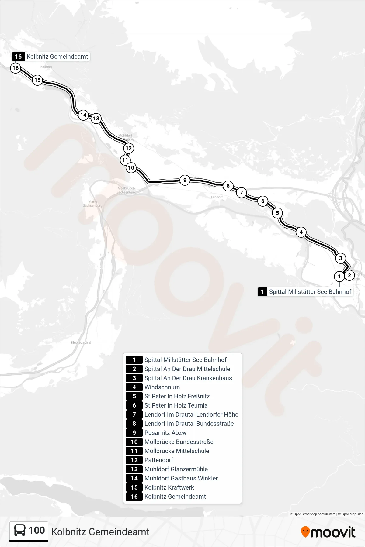 Linie 100 (Tram) Richtung Kolbnitz Gemeindeamt: Route und Haltestellen auf der Karte