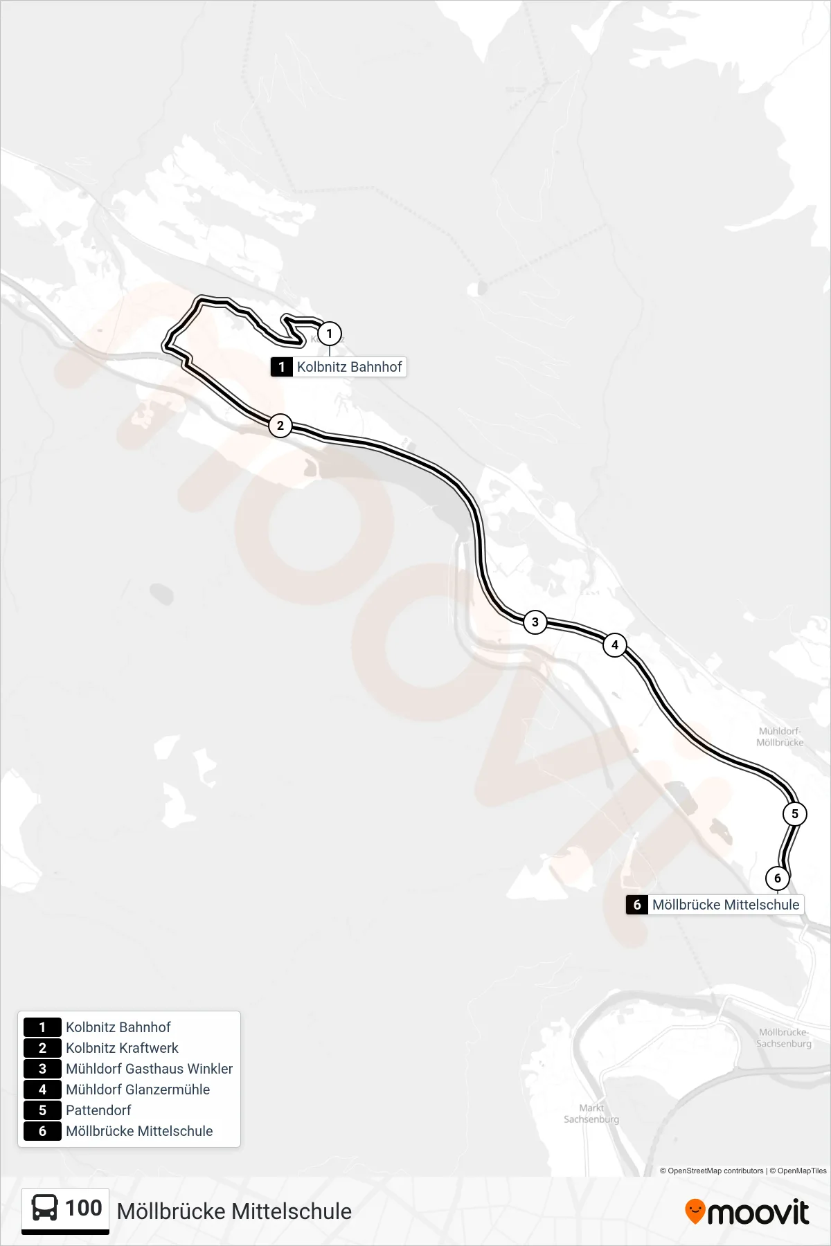 100 tram Line (Möllbrücke Mittelschule) route and stops on a map