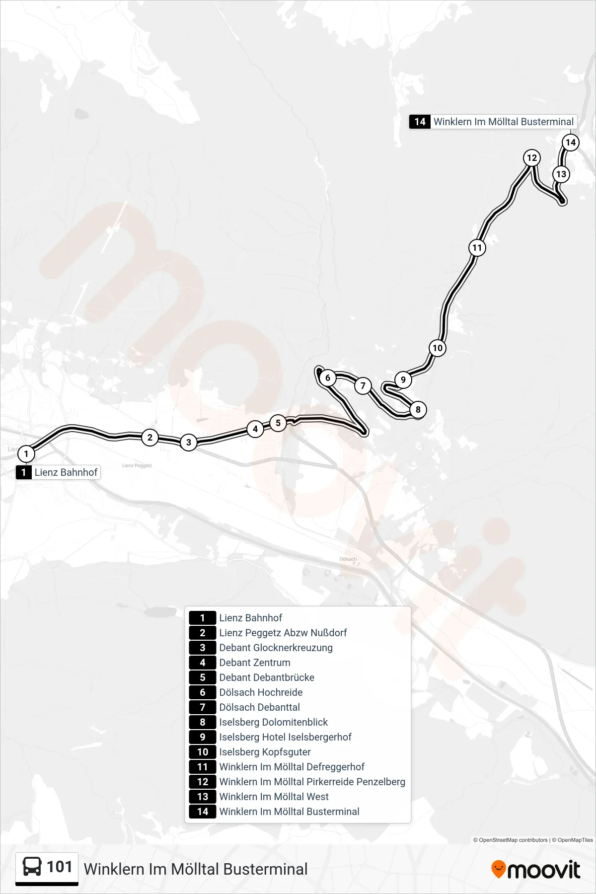 Linie 101 (Tram) Richtung Winklern Im Mölltal Busterminal: Route und Haltestellen auf der Karte
