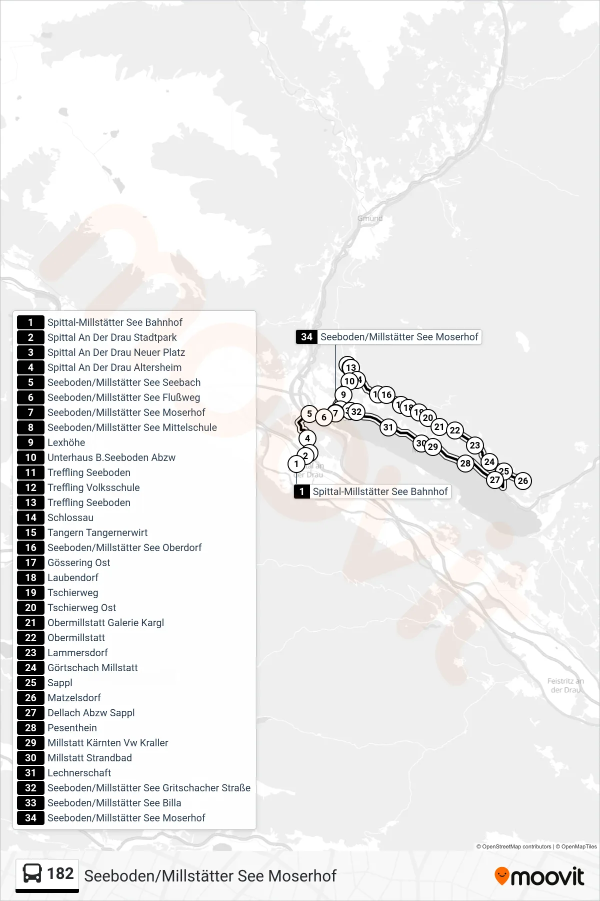 182 tram Line (Seeboden/Millstätter See Moserhof) route and stops on a map