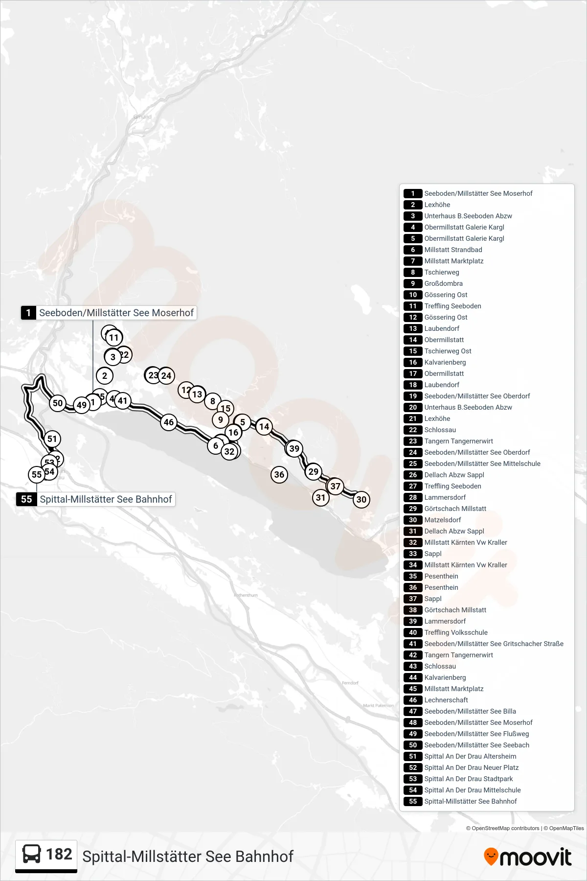 182 tram Line (Spittal-Millstätter See Bahnhof) route and stops on a map