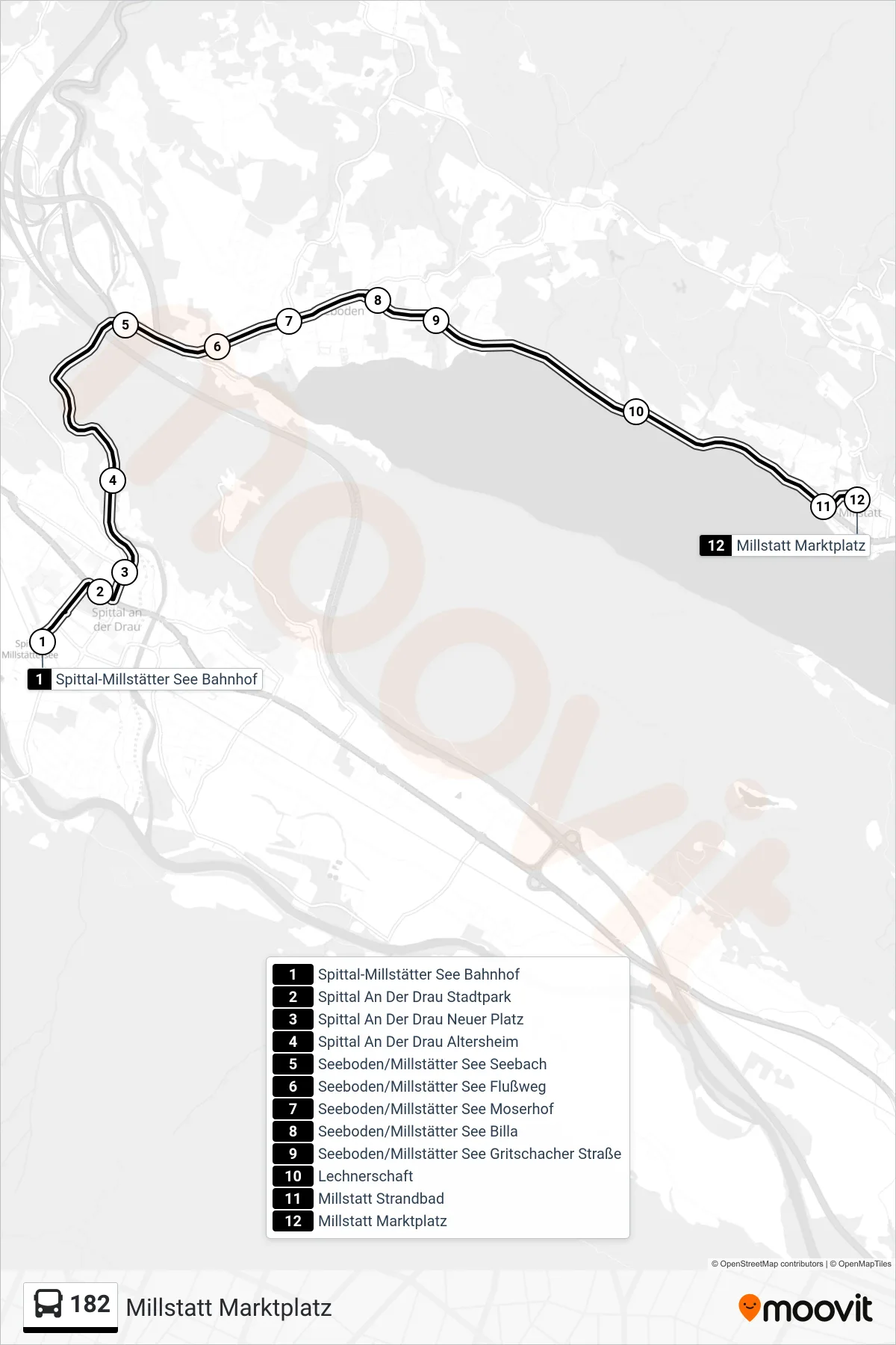 Linie 182 (Tram) Richtung Millstatt Marktplatz: Route und Haltestellen auf der Karte
