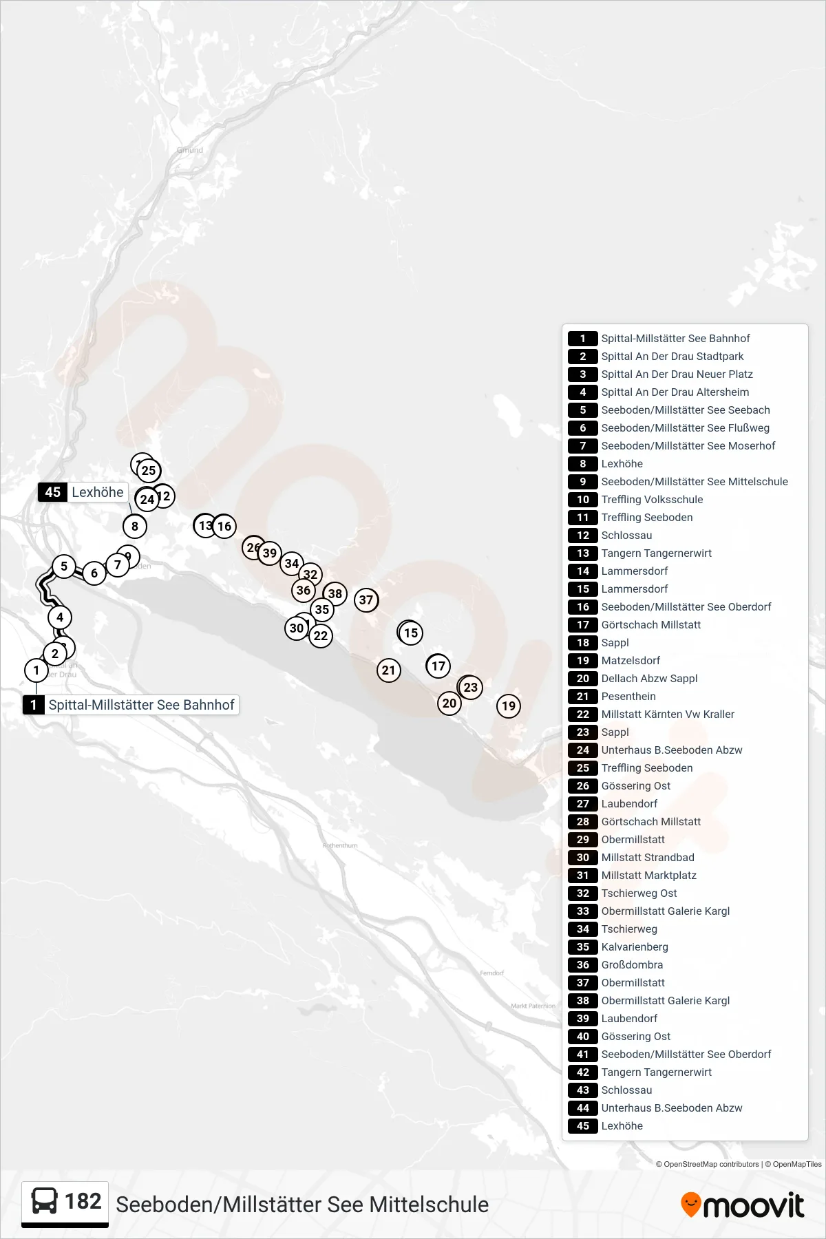 182 tram Line (Seeboden/Millstätter See Mittelschule) route and stops on a map