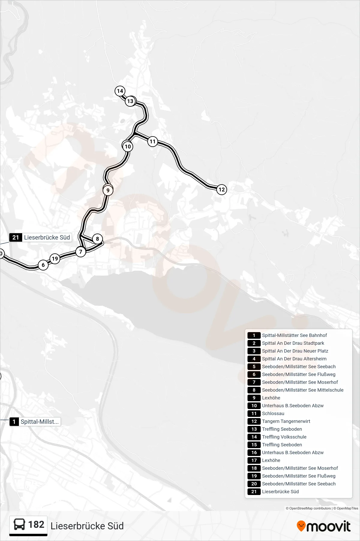 182 tram Line (Lieserbrücke Süd) route and stops on a map
