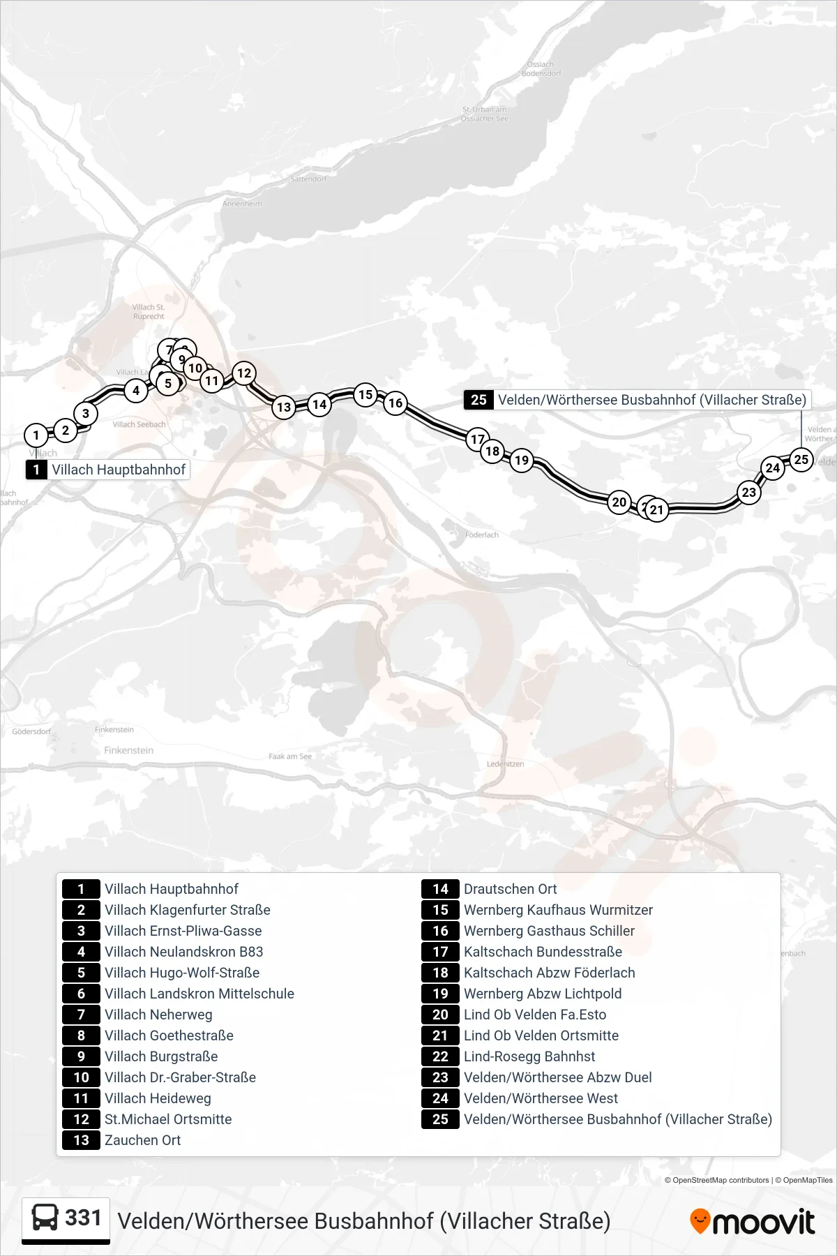 331 tram Line (Velden/Wörthersee Busbahnhof (Villacher Straße)) route and stops on a map