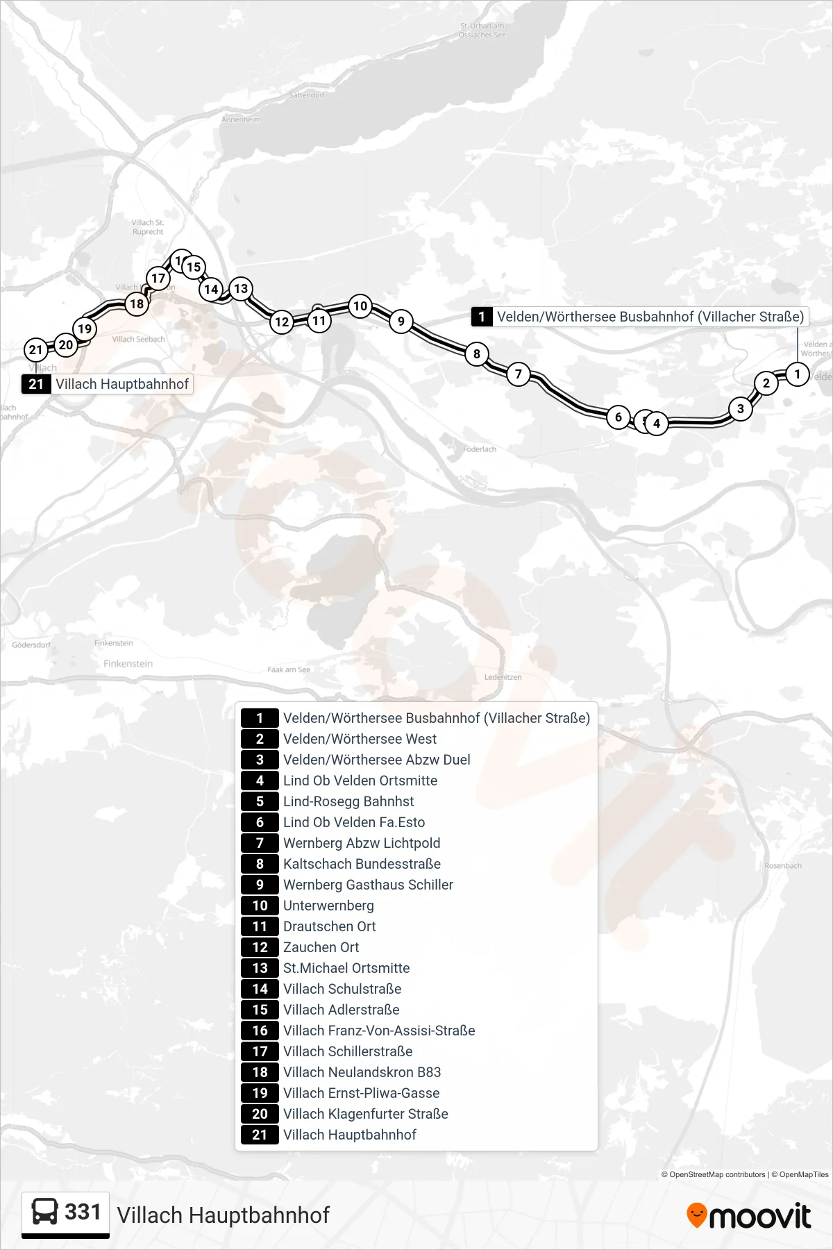 Linie 331 (Tram) Richtung Villach Hauptbahnhof: Route und Haltestellen auf der Karte