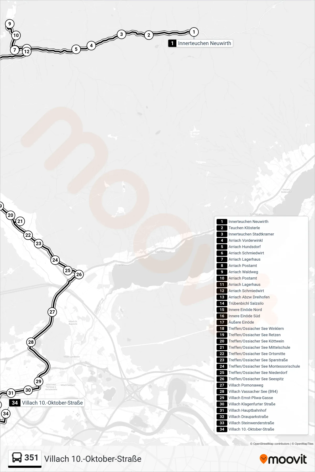 351 tram Line (Villach 10.-Oktober-Straße) route and stops on a map