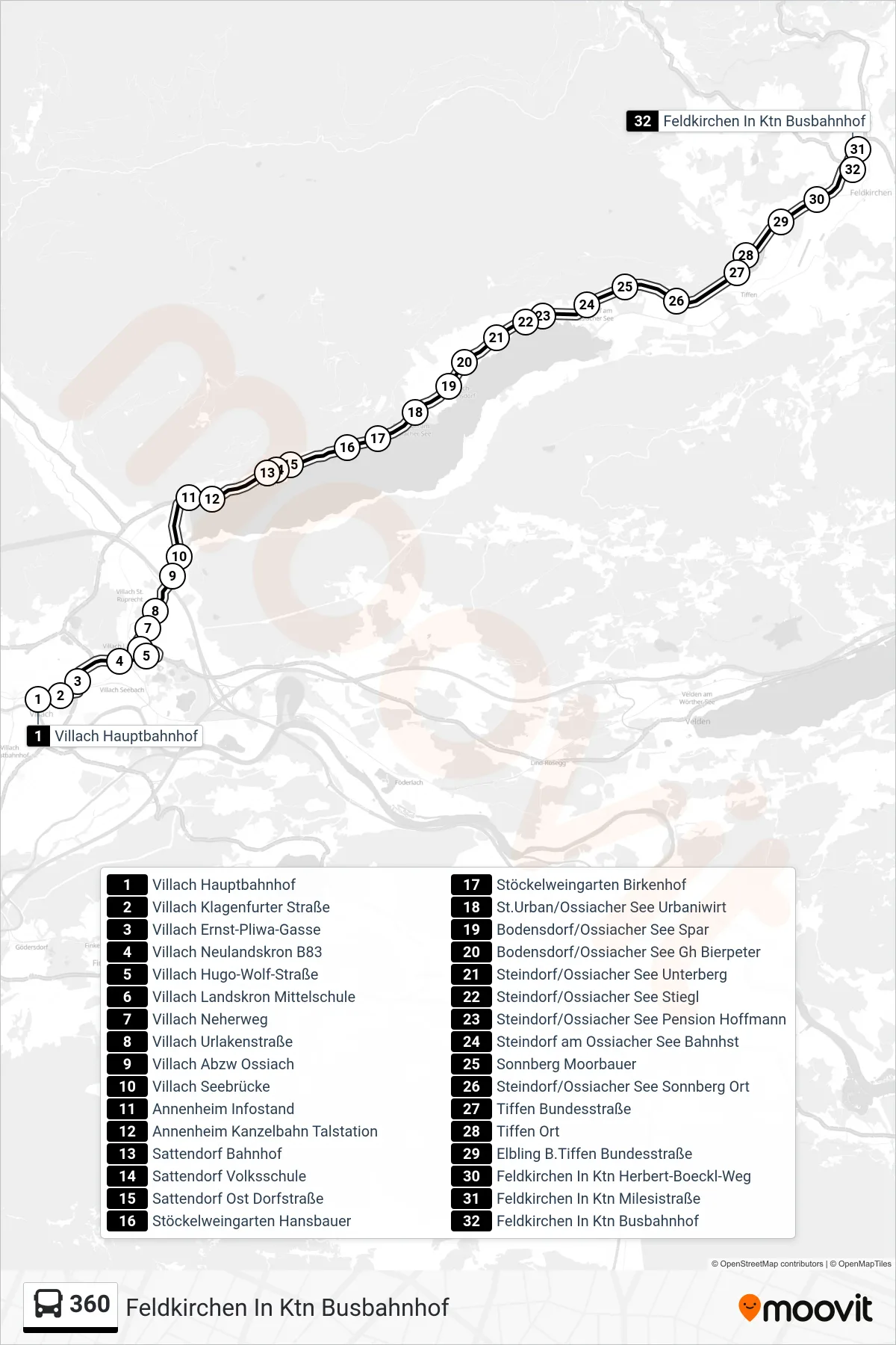 Linie 360 (Tram) Richtung Feldkirchen In Ktn Busbahnhof: Route und Haltestellen auf der Karte
