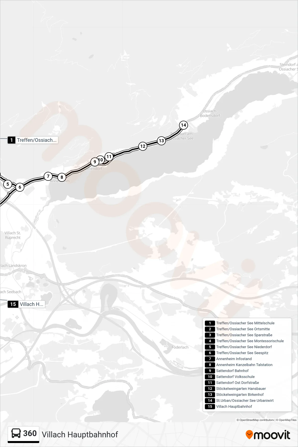 360 tram Line (Villach Hauptbahnhof) route and stops on a map