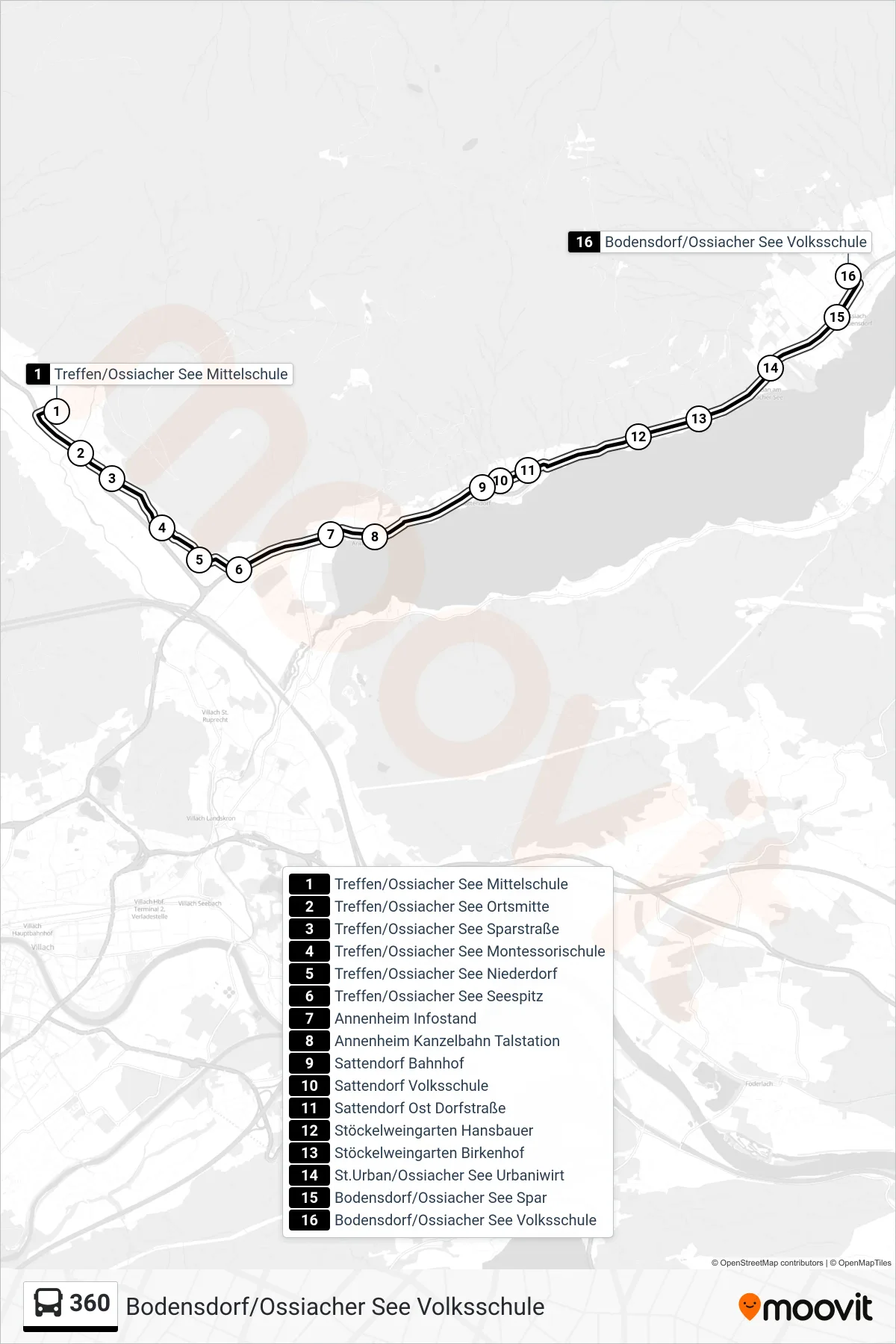 360 tram Line (Bodensdorf/Ossiacher See Volksschule) route and stops on a map