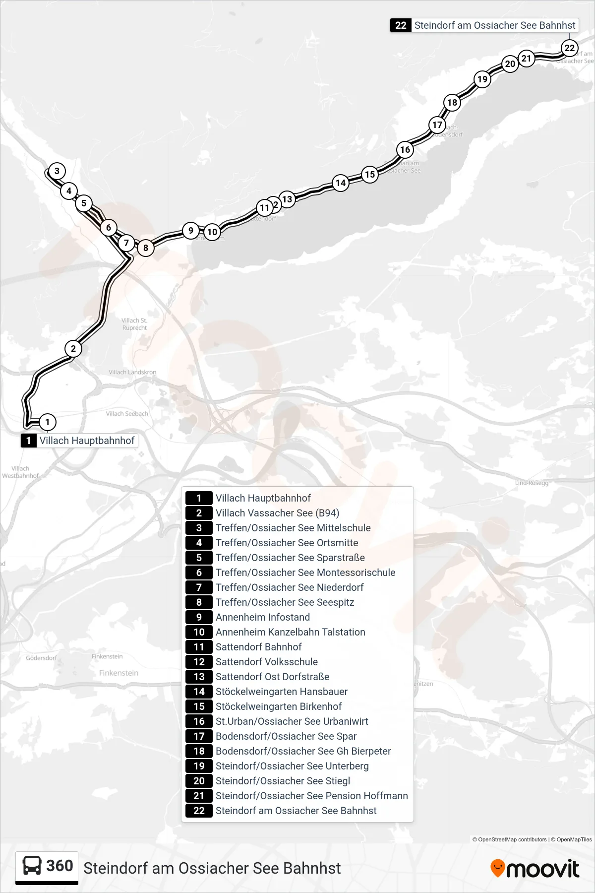360 tram Line (Steindorf am Ossiacher See Bahnhst) route and stops on a map
