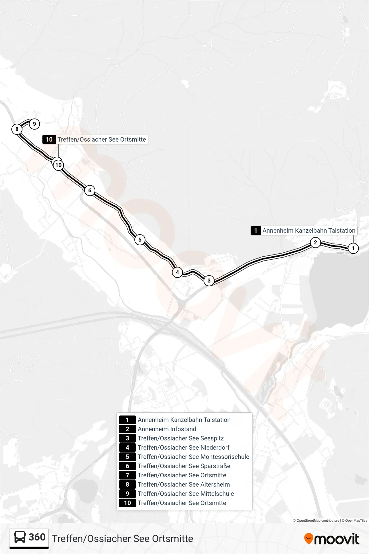 360 tram Line (Treffen/Ossiacher See Ortsmitte) route and stops on a map