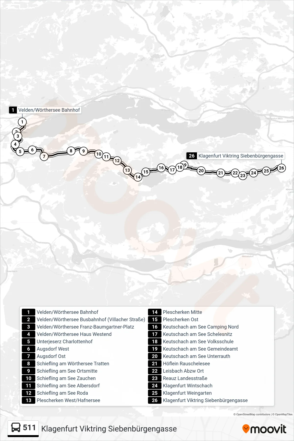 Linie 511 (Tram) Richtung Klagenfurt Viktring Siebenbürgengasse: Route und Haltestellen auf der Karte