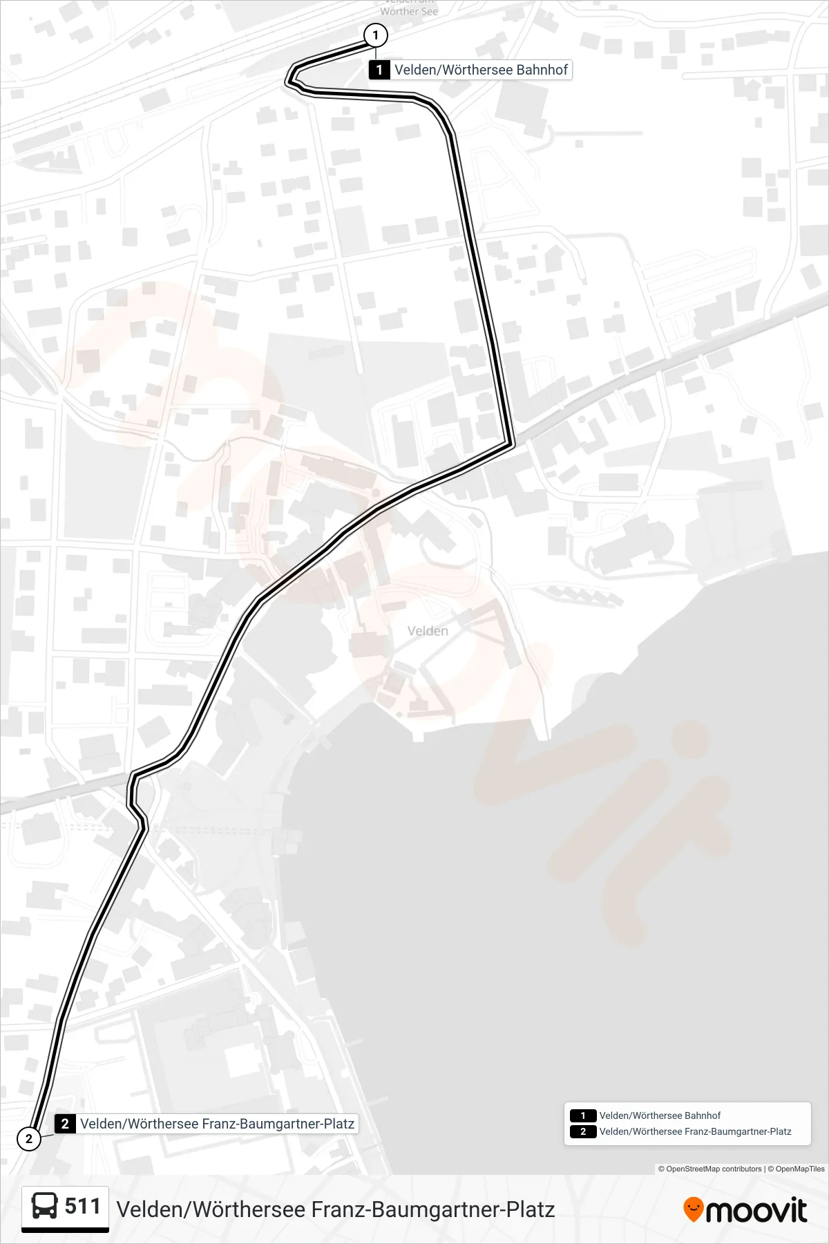 Linie 511 (Tram) Richtung Velden/Wörthersee Franz-Baumgartner-Platz: Route und Haltestellen auf der Karte