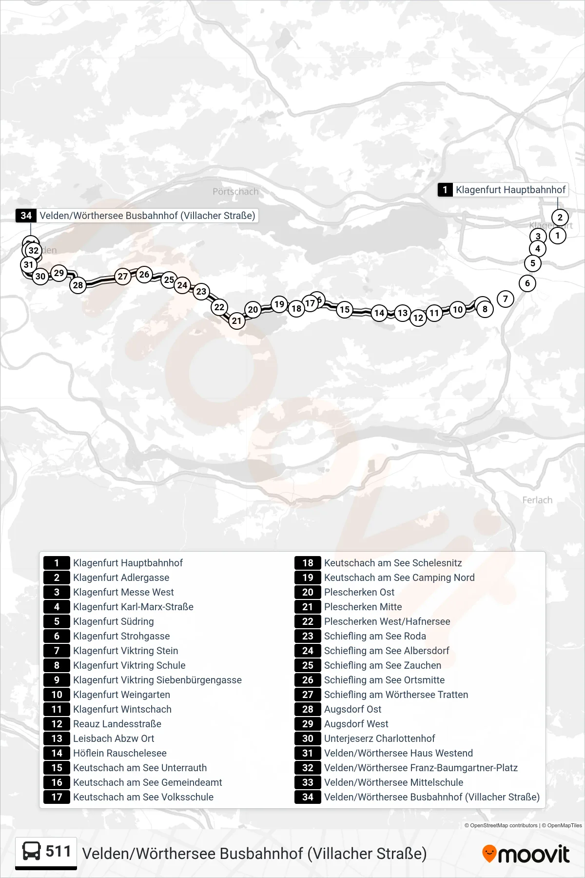 Linie 511 (Tram) Richtung Velden/Wörthersee Busbahnhof (Villacher Straße): Route und Haltestellen auf der Karte