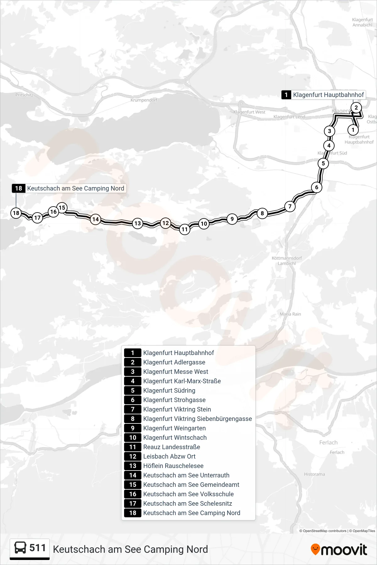 511 tram Line (Keutschach am See Camping Nord) route and stops on a map