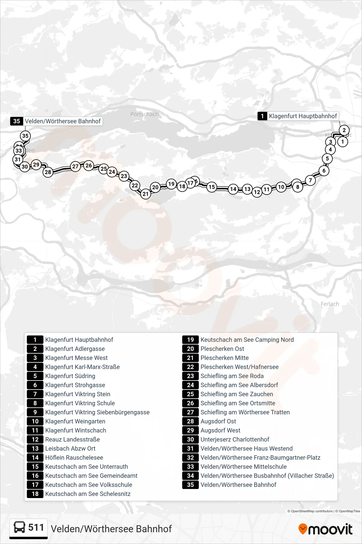 Linie 511 (Tram) Richtung Velden/Wörthersee Bahnhof: Route und Haltestellen auf der Karte