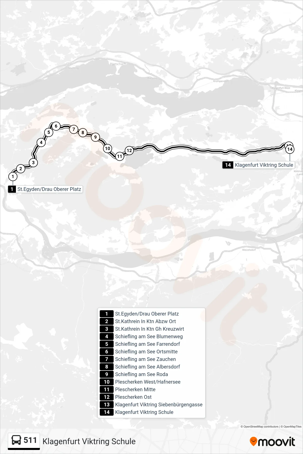 Linie 511 (Tram) Richtung Klagenfurt Viktring Schule: Route und Haltestellen auf der Karte