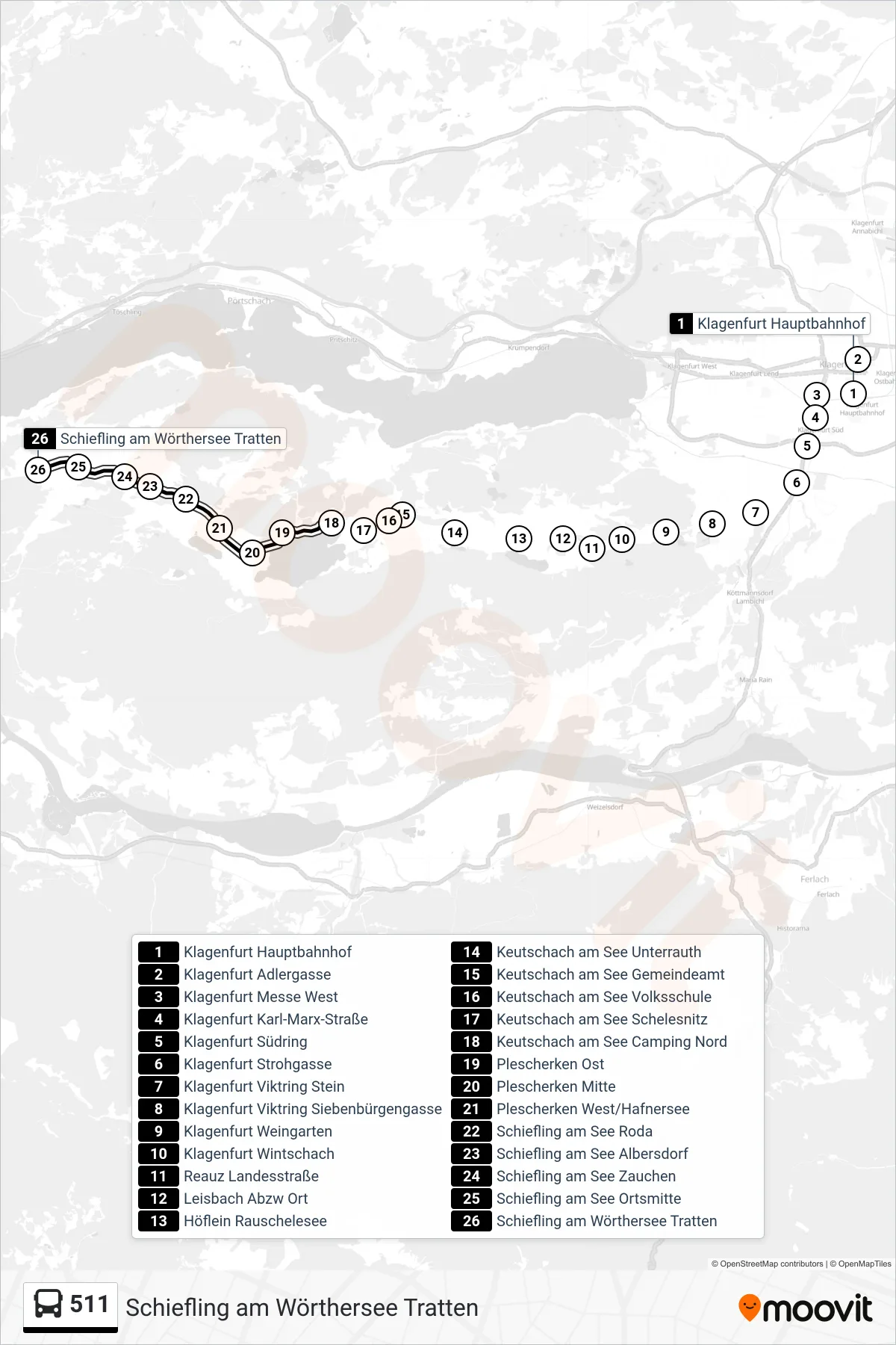 511 tram Line (Schiefling am Wörthersee Tratten) route and stops on a map