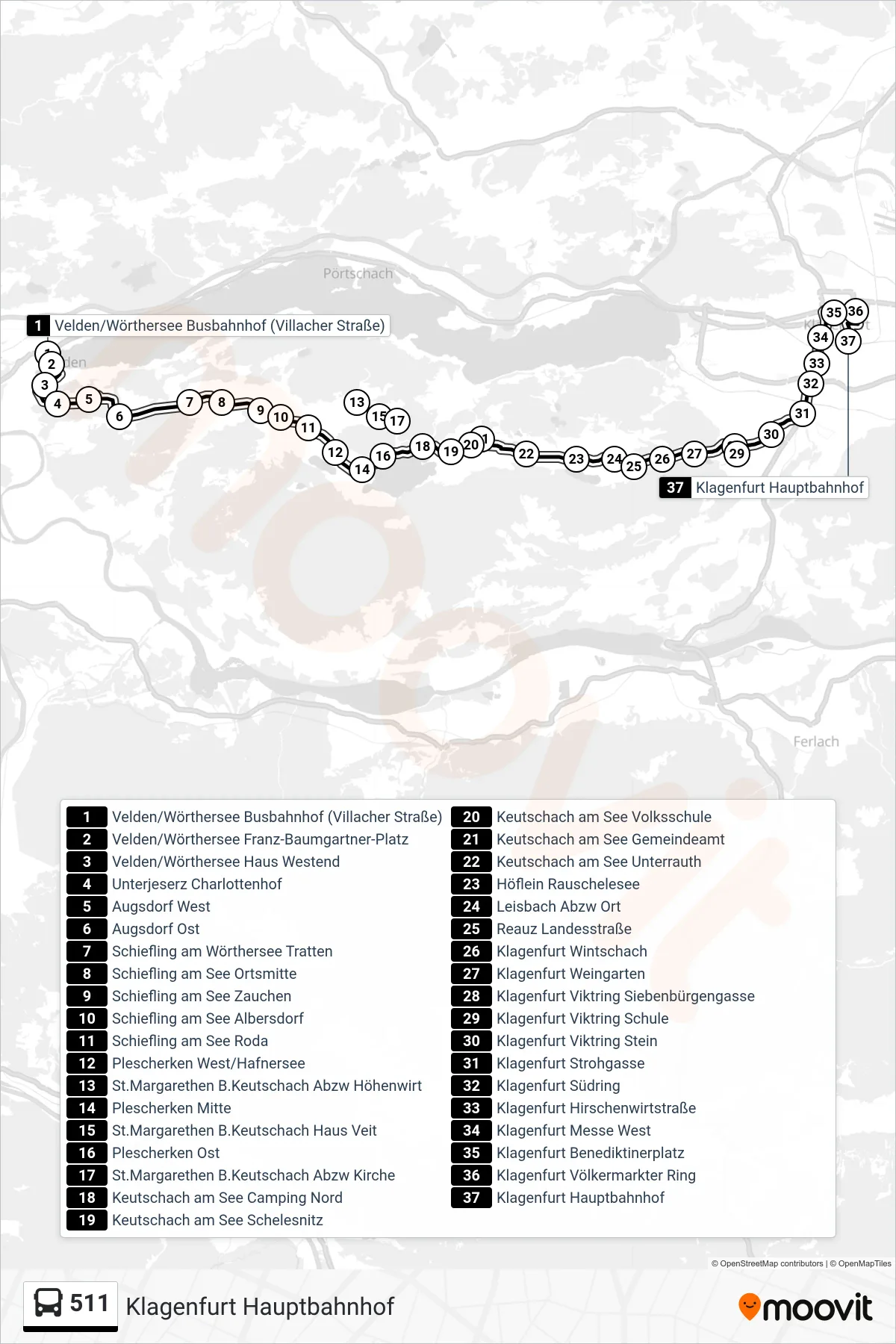 Linie 511 (Tram) Richtung Klagenfurt Hauptbahnhof: Route und Haltestellen auf der Karte