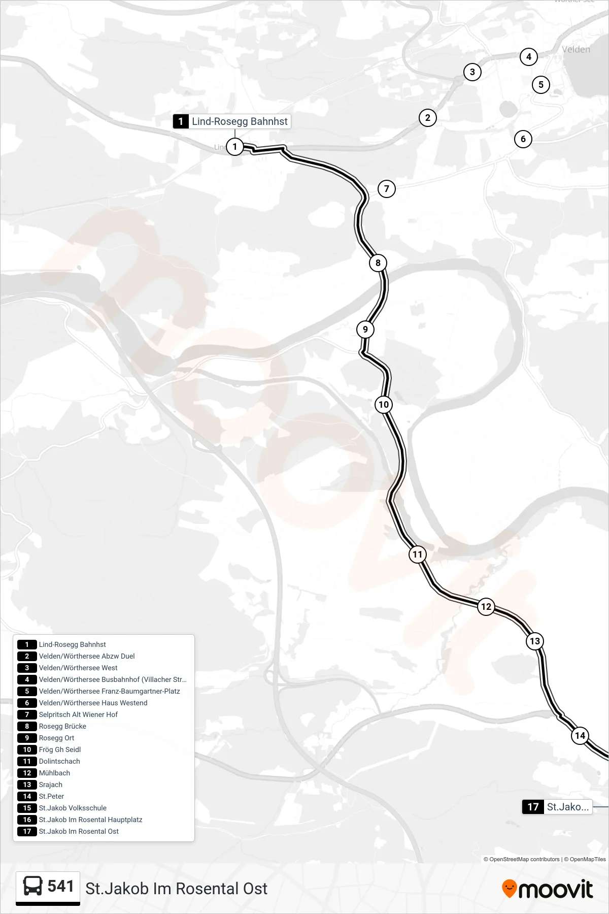 541 tram Line (St.Jakob Im Rosental Ost) route and stops on a map