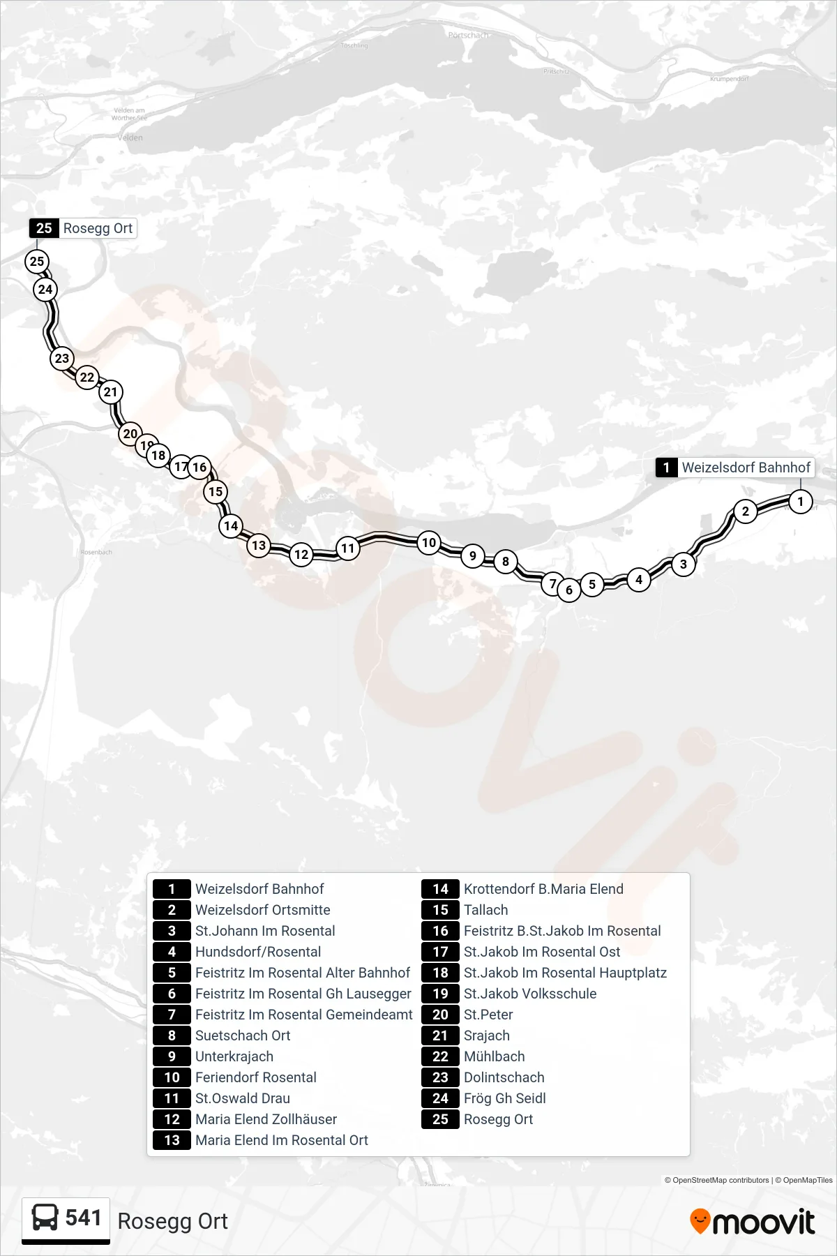 Linie 541 (Tram) Richtung Rosegg Ort: Route und Haltestellen auf der Karte