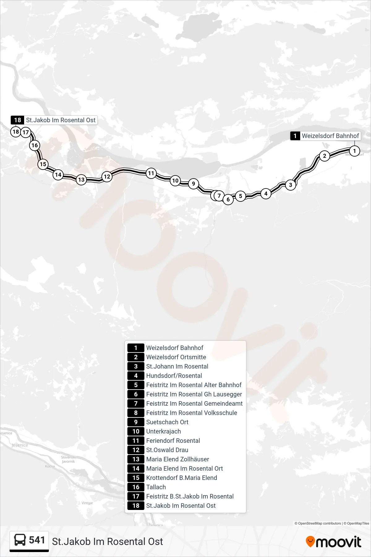 541 tram Line (St.Jakob Im Rosental Ost) route and stops on a map